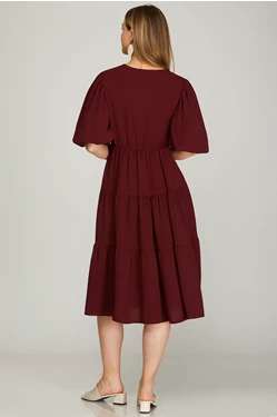 Solid Balloon Sleeve Tiered Wrap Midi Dress