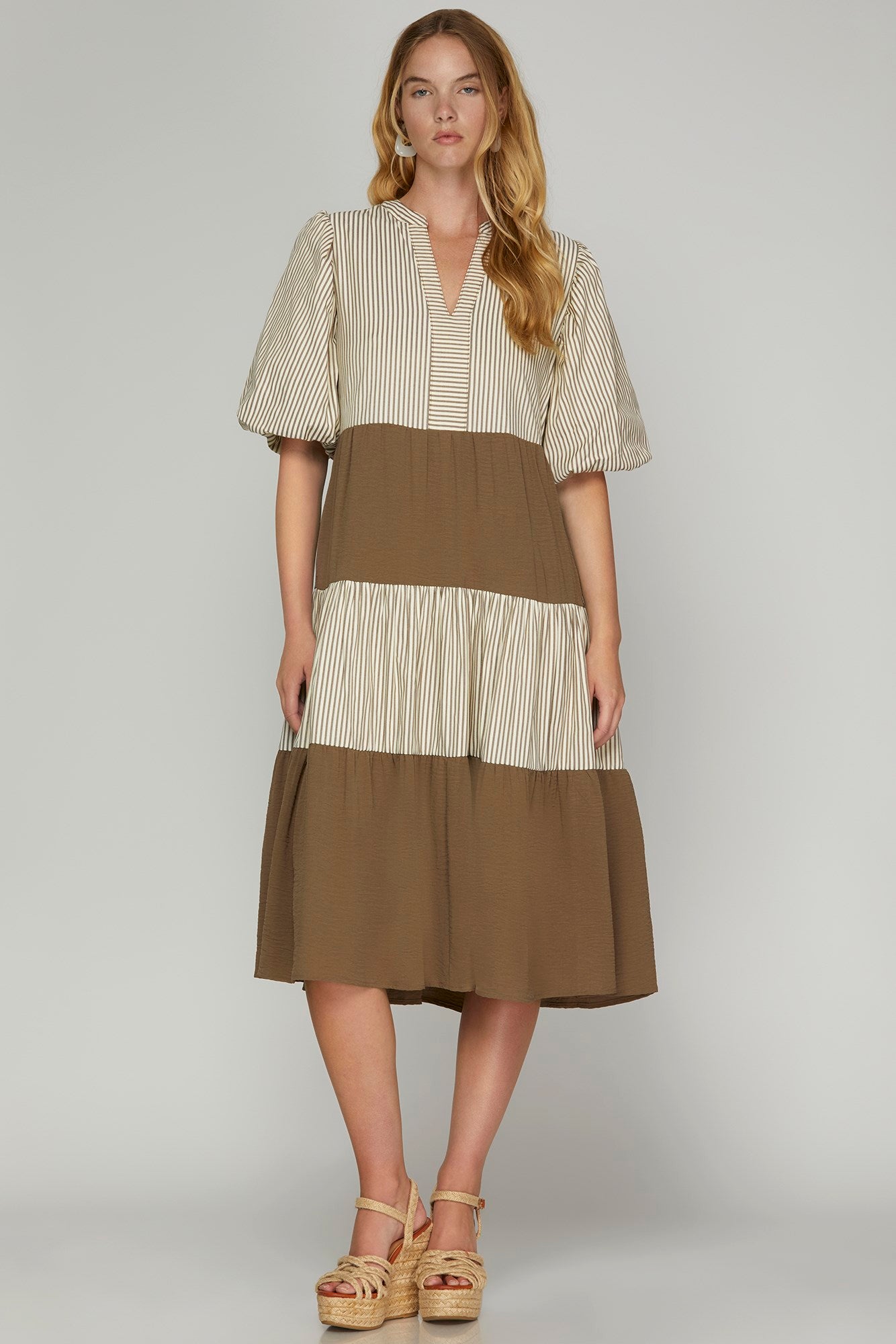 Stripe & Solid Color Block Puff Sleeve Midi Dress