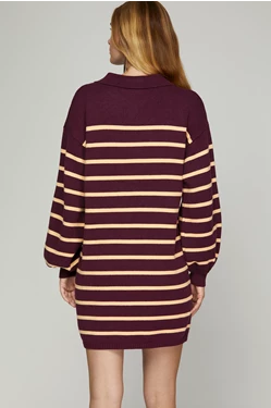 Long Sleeve Collared Stripe Sweater Dress - Wine