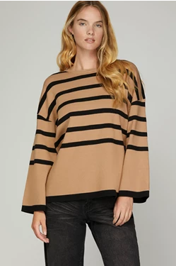 Striped Long Bell Sleeve Sweater - Taupe