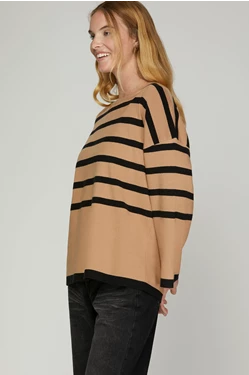 Striped Long Bell Sleeve Sweater - Taupe