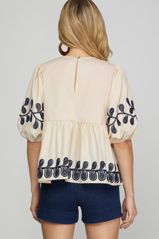 Vine Embroidered 1/2 Puff Sleeve Babydoll Top-Taupe