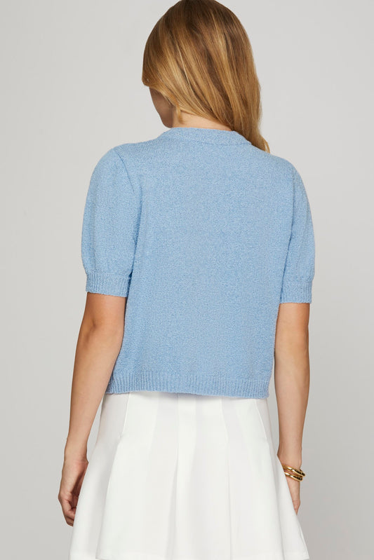 Puff Short Sleeve Button Sweater Jacket-Blue