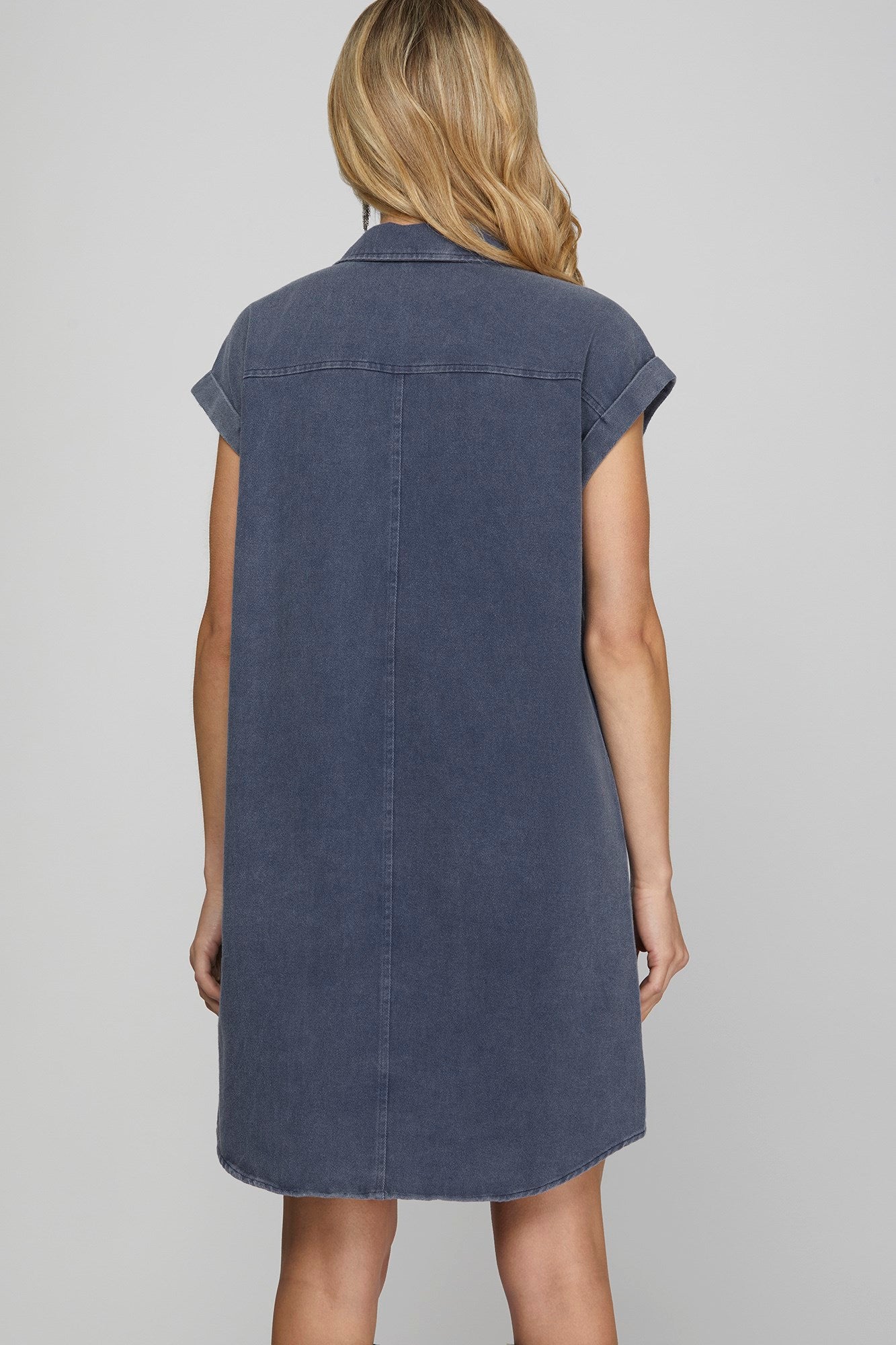 Twill Button Down Shirt Dress - Blue
