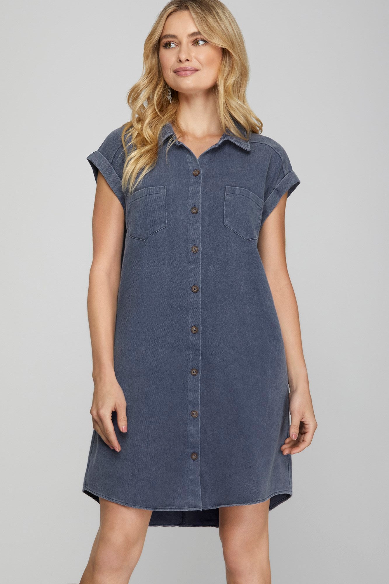 Twill Button Down Shirt Dress - Blue