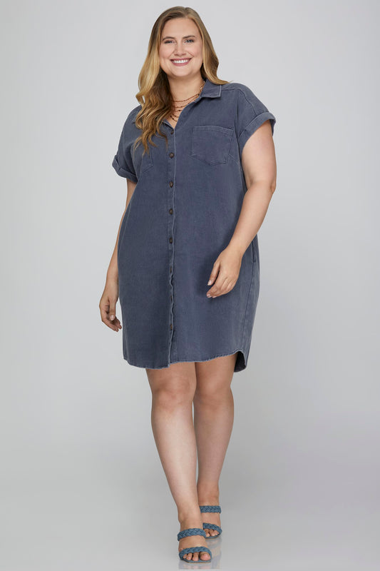 Twill Button Down Shirt Dress - Blue