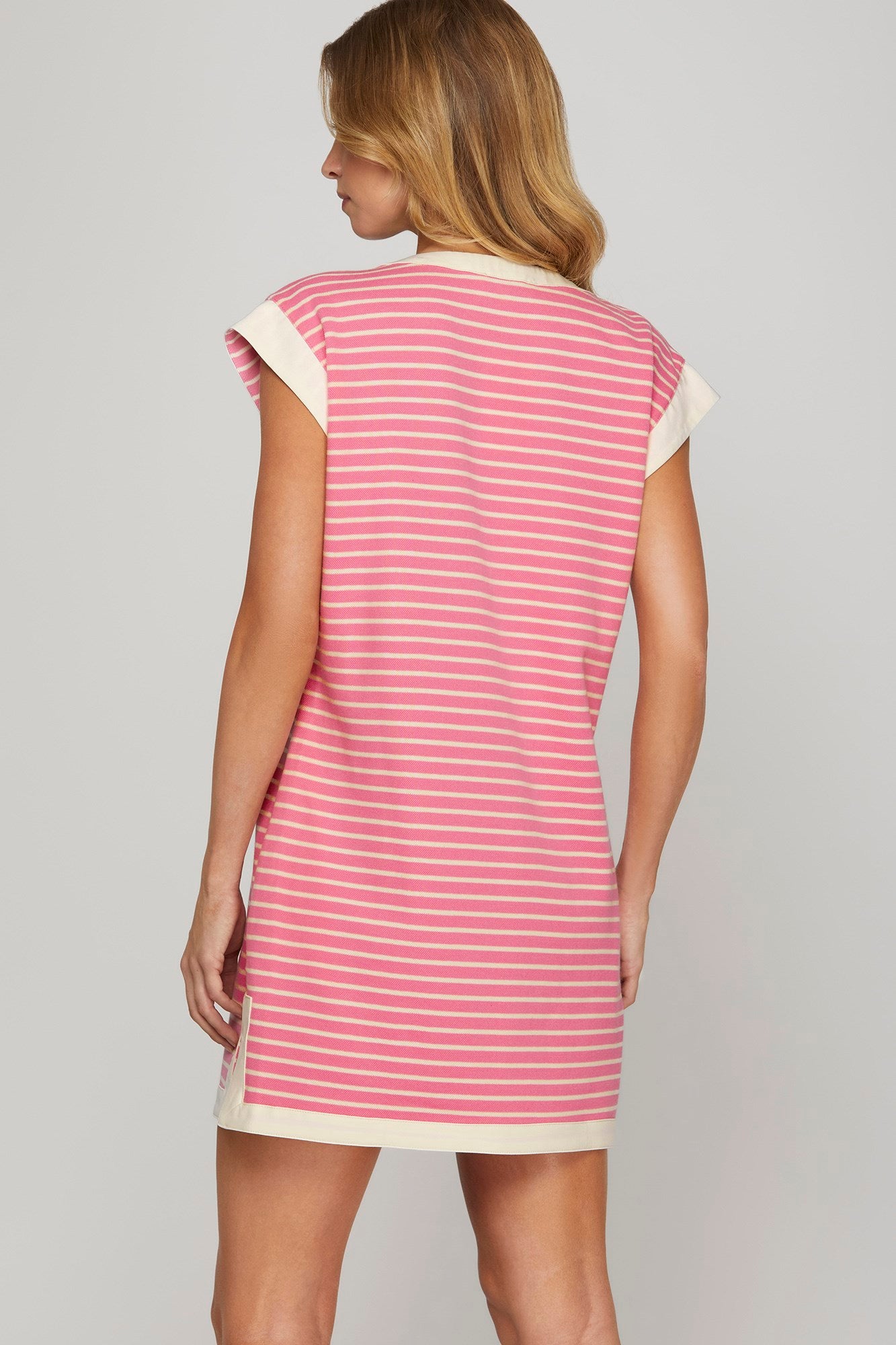 Striped Dress w/Contrast Band-Pink