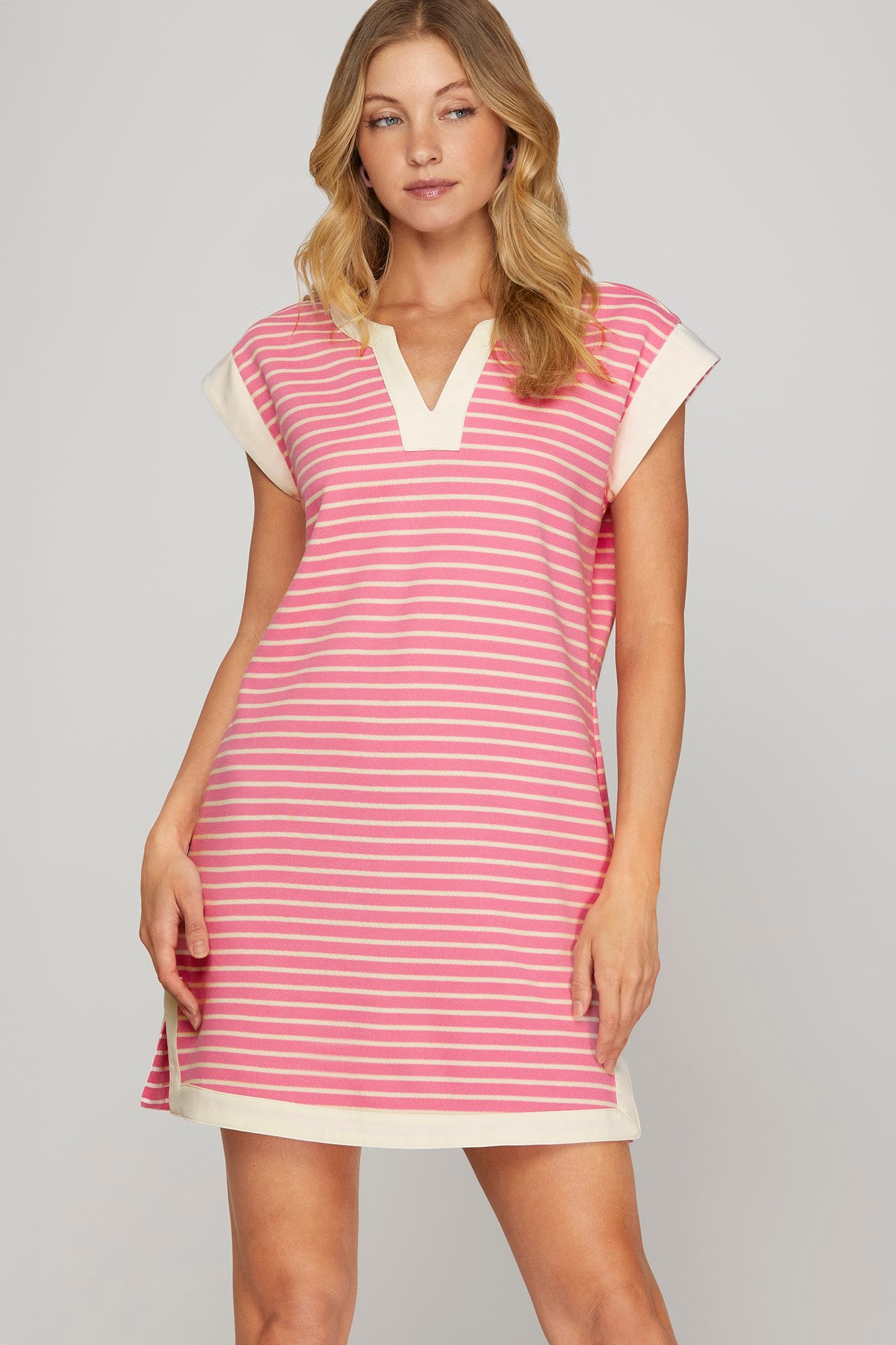 Striped Dress w/Contrast Band-Pink