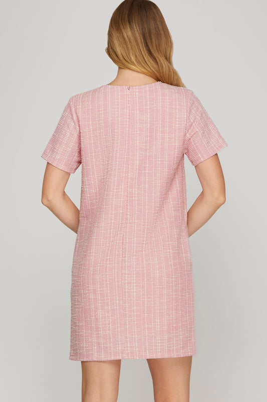 Pearl Trim Tweed Short Sleeve Dress-Pink