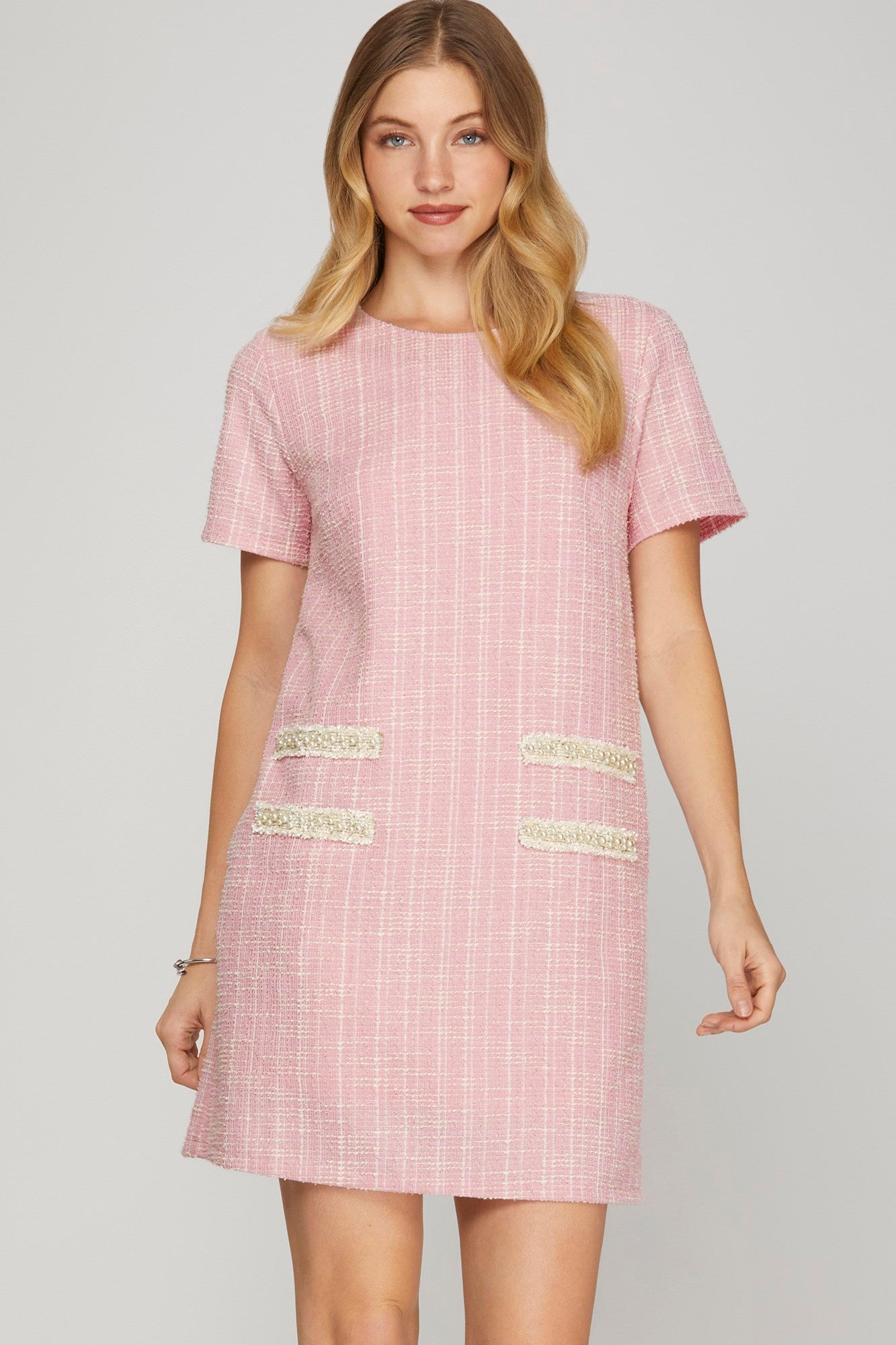 Pearl Trim Tweed Short Sleeve Dress-Pink