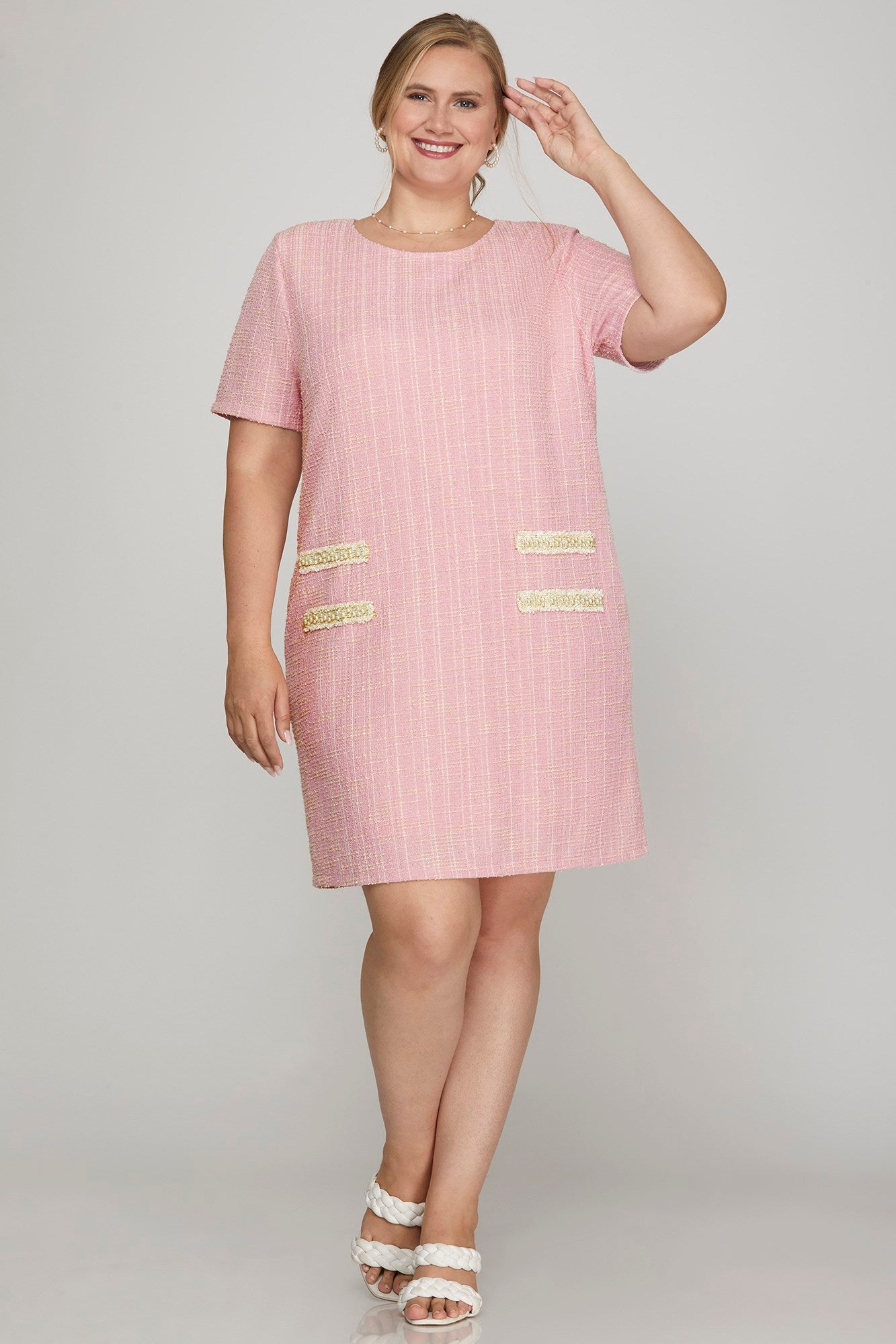 Pearl Trim Tweed Short Sleeve Dress-Pink