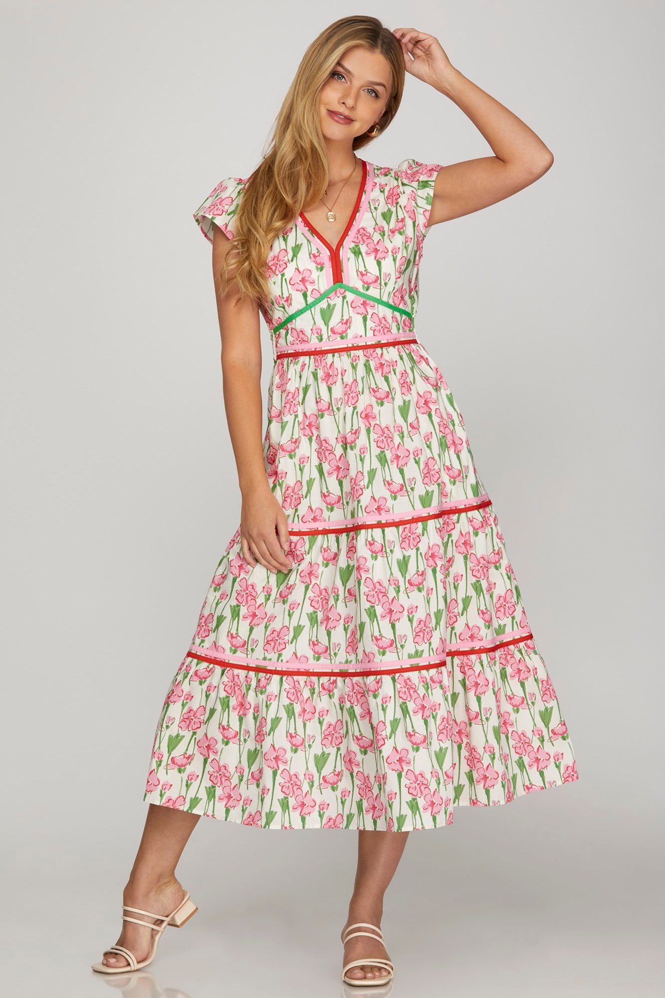 Floral Contrast Trim Tiered Cap Sleeve Dress-Pink