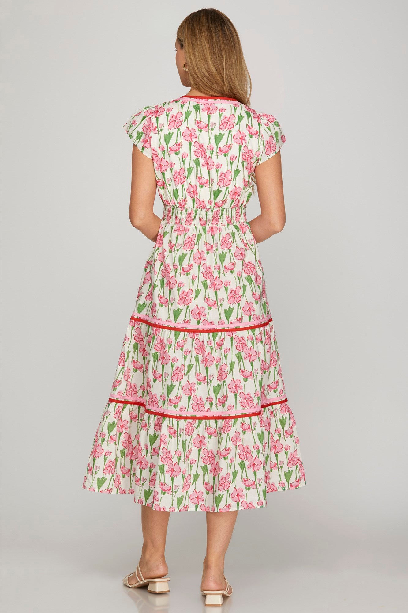 Floral Contrast Trim Tiered Cap Sleeve Dress-Pink