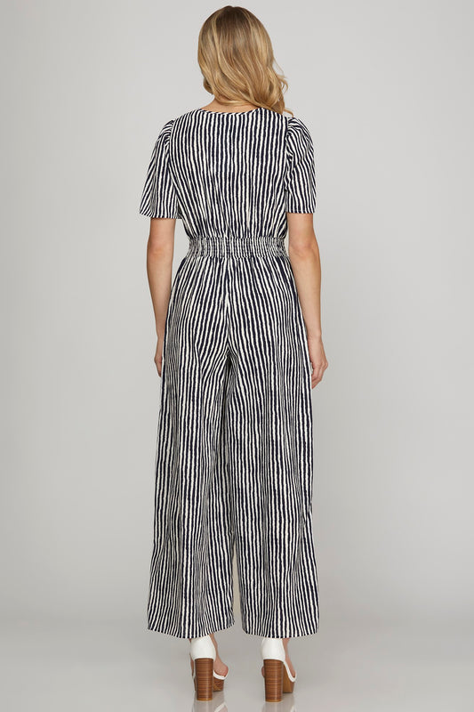 Striped Short Sleeve Gathered Waist Jumpsuit-Navy