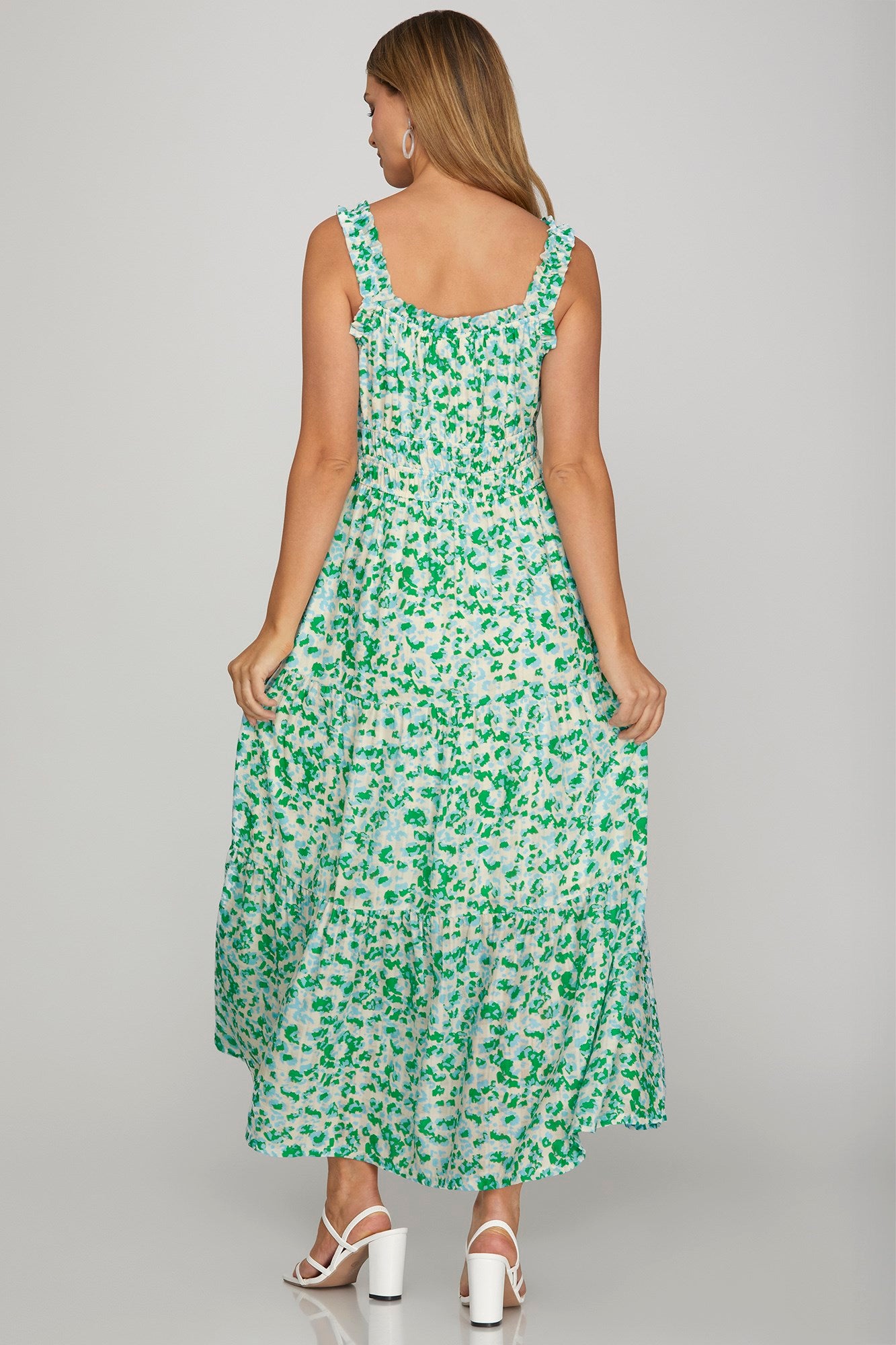 Geo Small Floral Ruffle Strap Tiered Midi Dress-Green