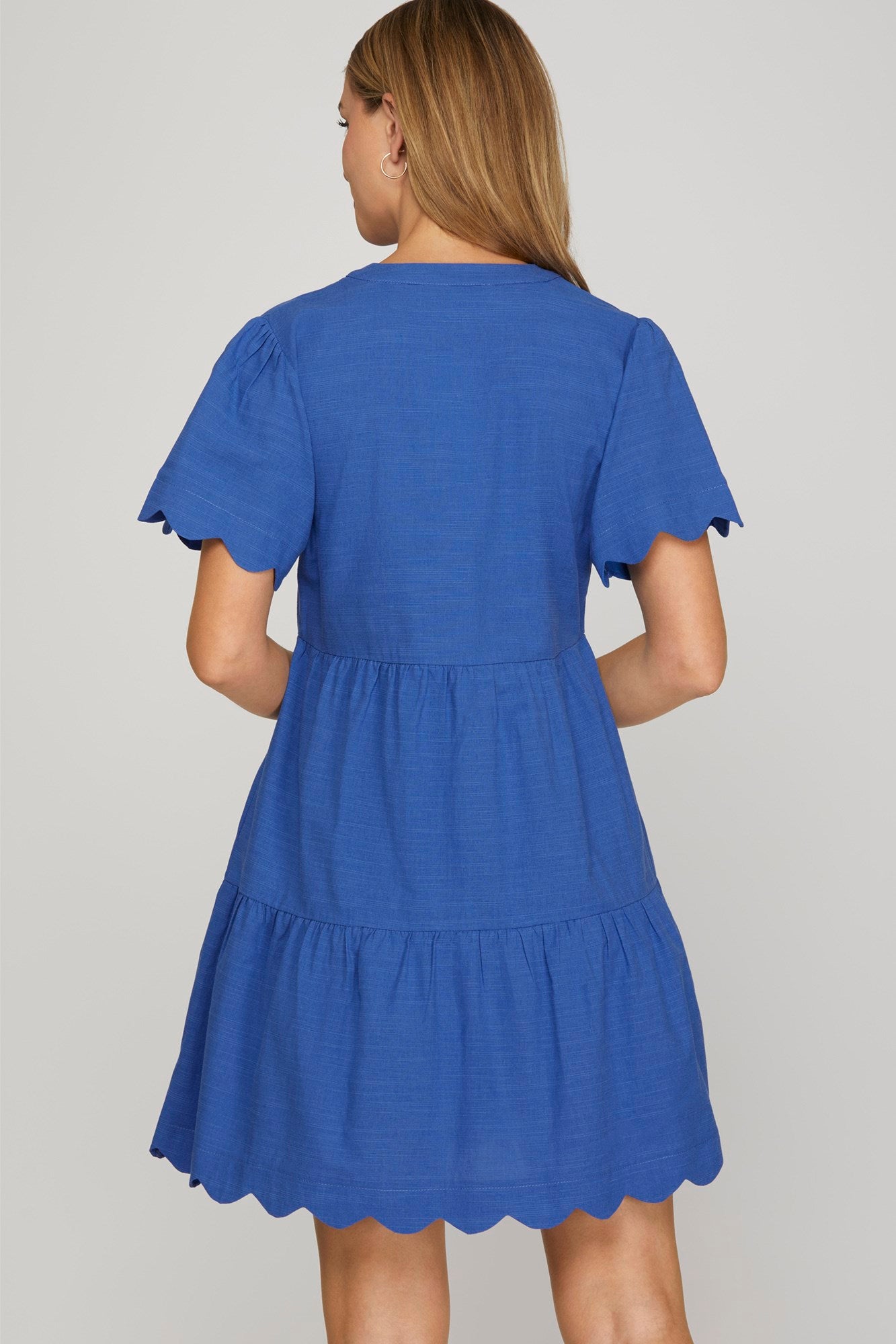 Solid Scallop Sleeve & Hem V-Neck Dress
