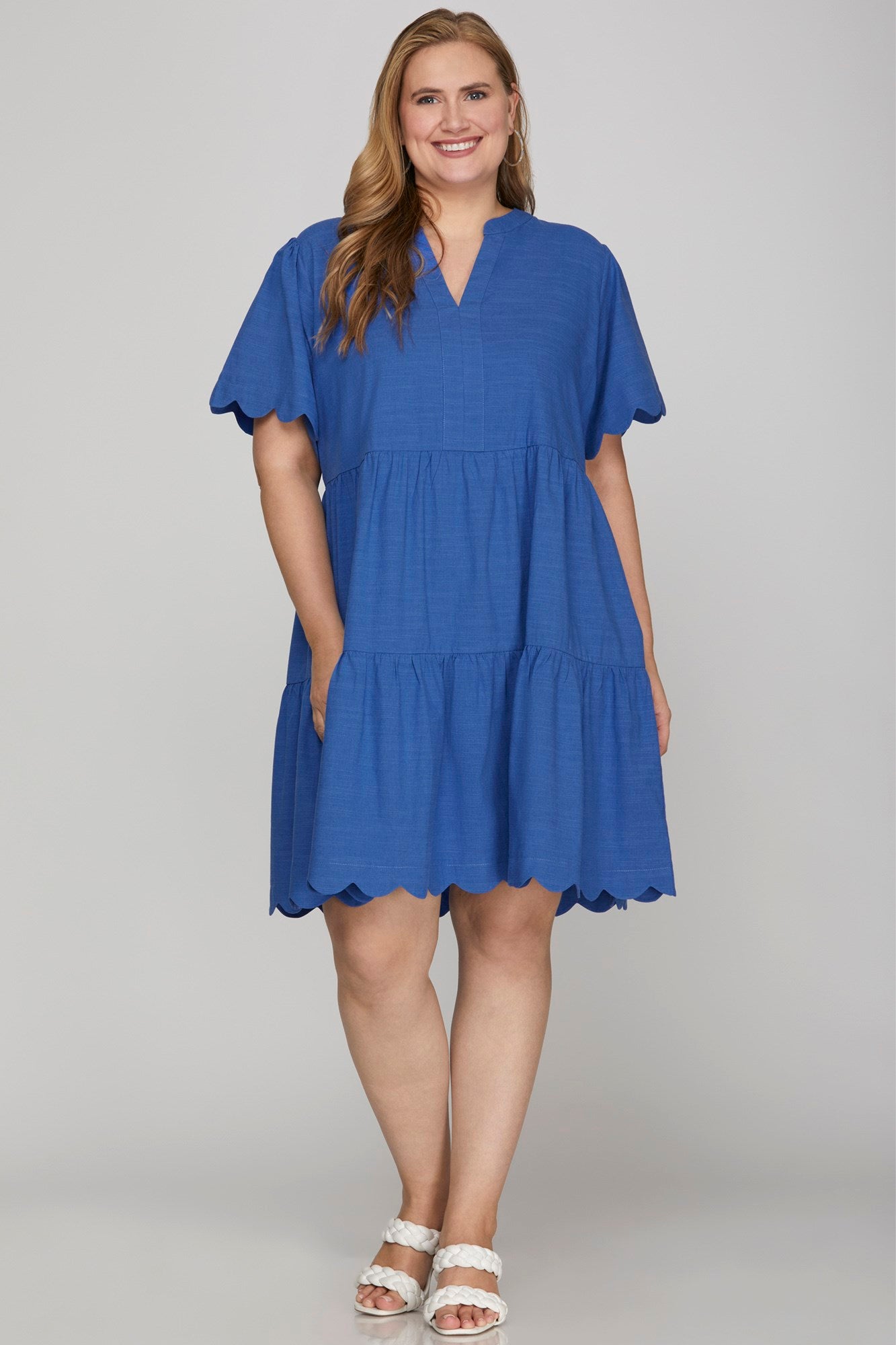 Solid Scallop Sleeve & Hem V-Neck Dress