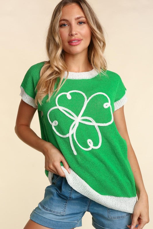 Clover Embroidered Color Block Sweater-Kelly