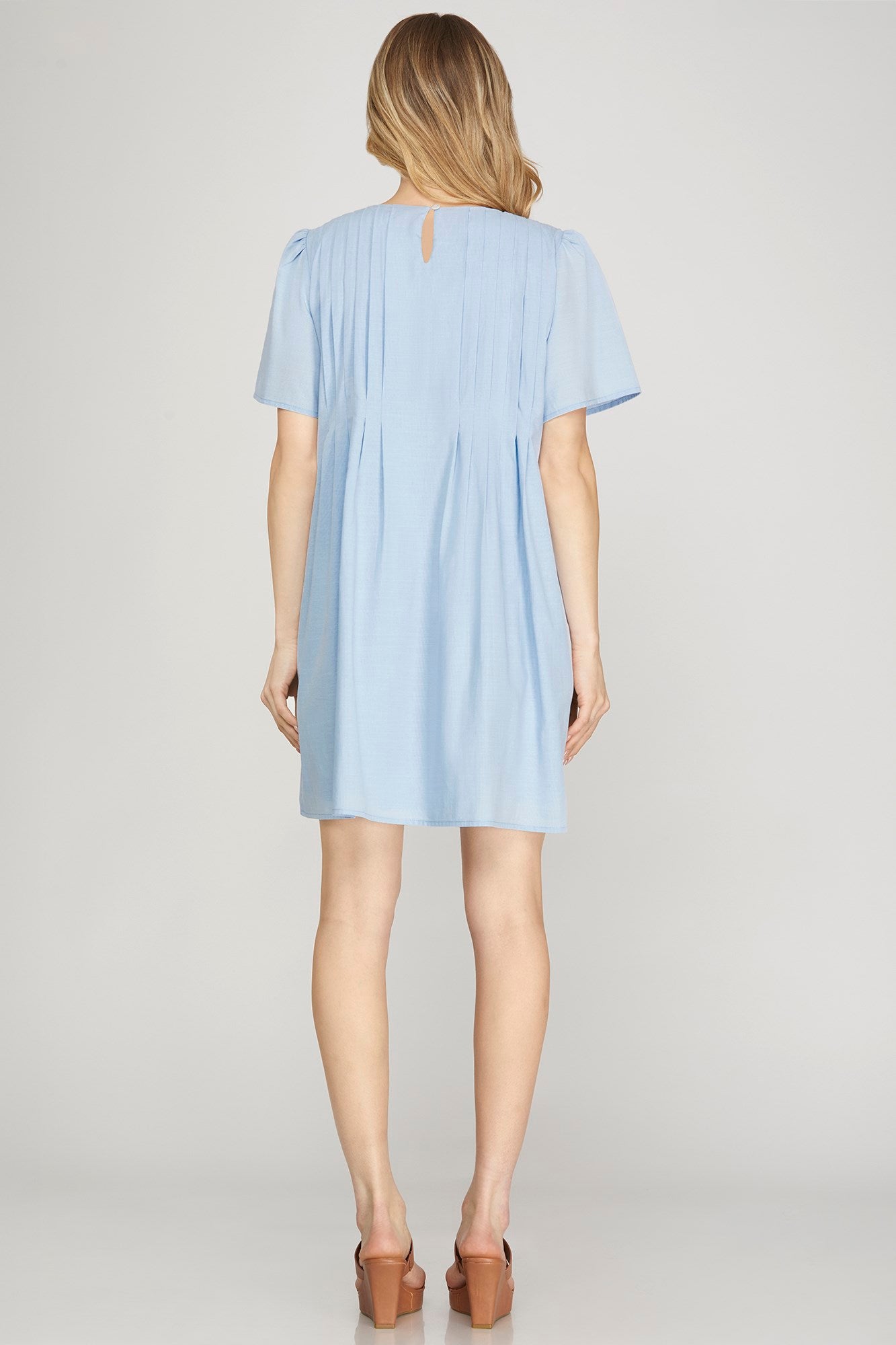 Solid Full Pleated Short Sleeve Dress-Blue