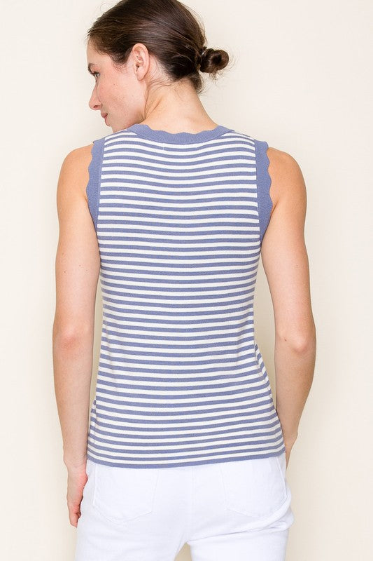 Striped Scallop Trim Sleeveless Sweater