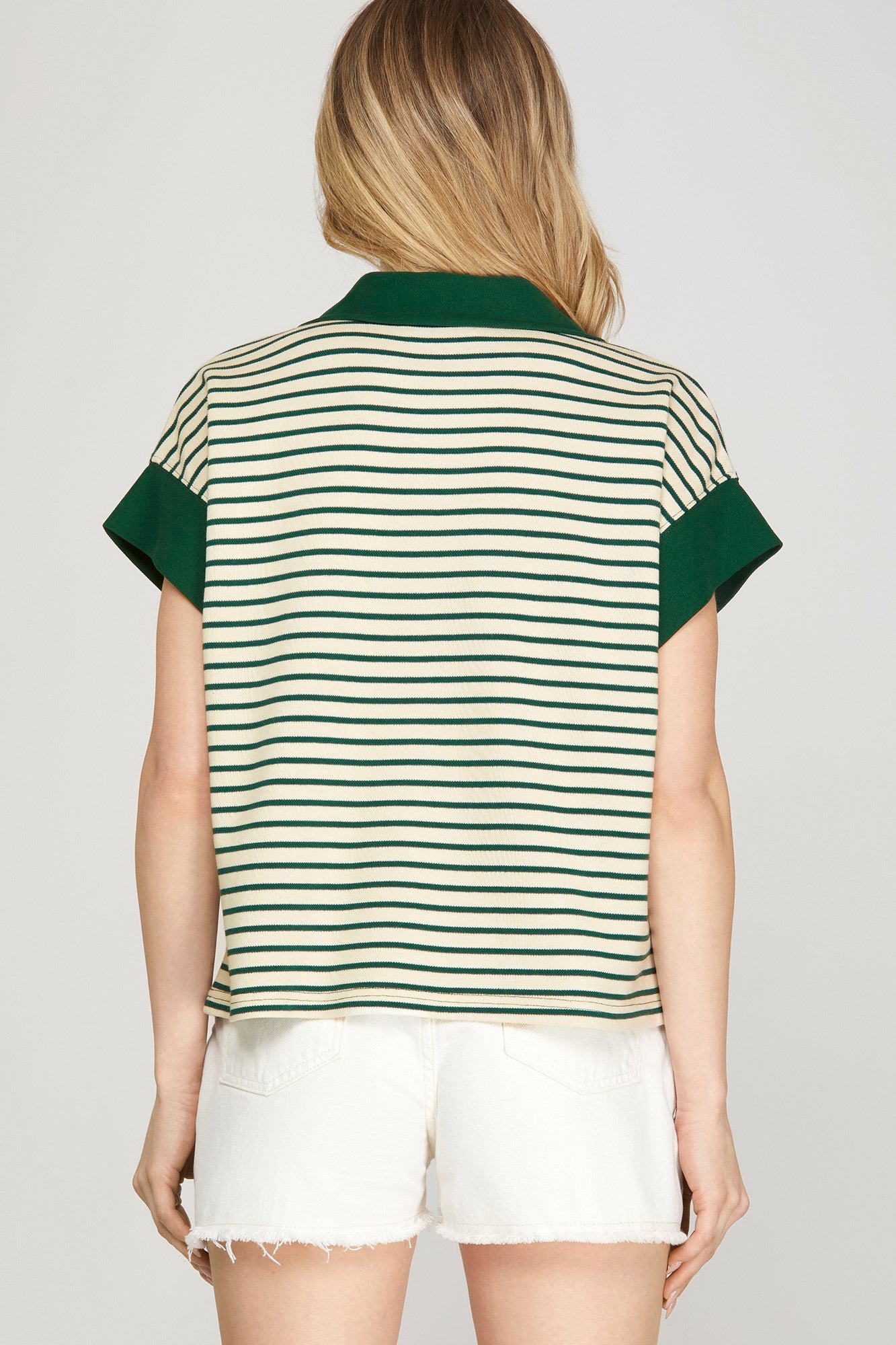 Striped 1/2 Zip Short Sleeve Top