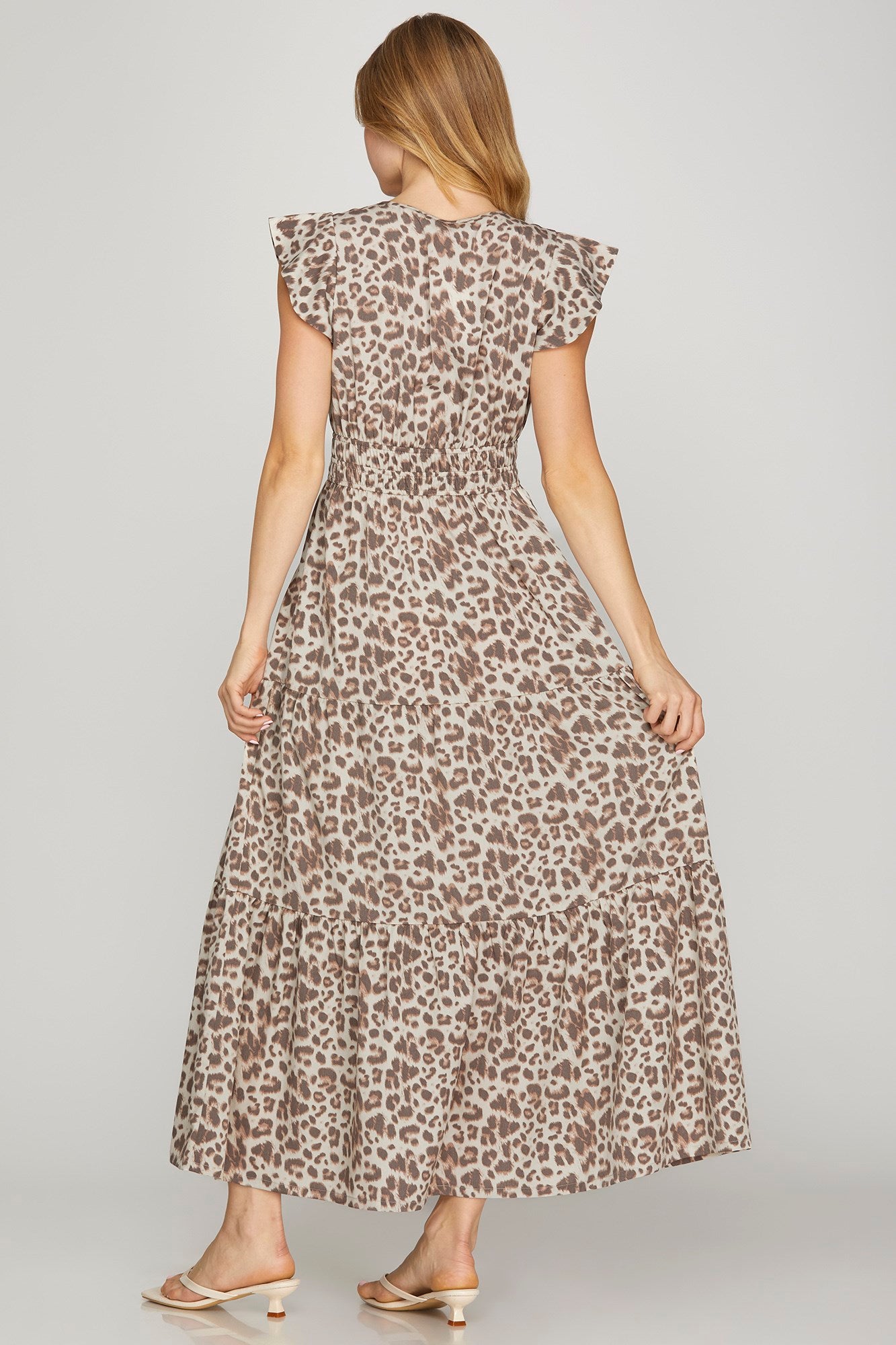 Leopard Gathered Waist Ruffle Sleeve Maxi Dress-Mocha