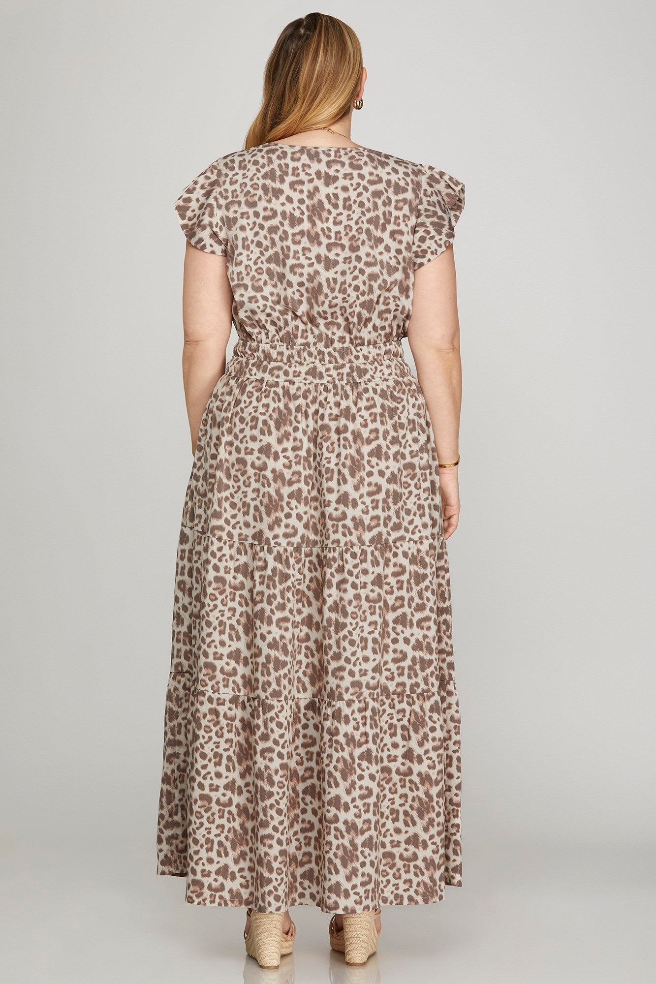 Leopard Gathered Waist Ruffle Sleeve Maxi Dress-Mocha