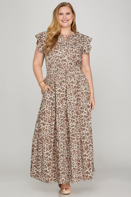 Leopard Gathered Waist Ruffle Sleeve Maxi Dress-Mocha