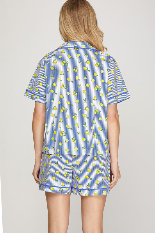 Pinstriped Lemon Print Pajama Set-Blue