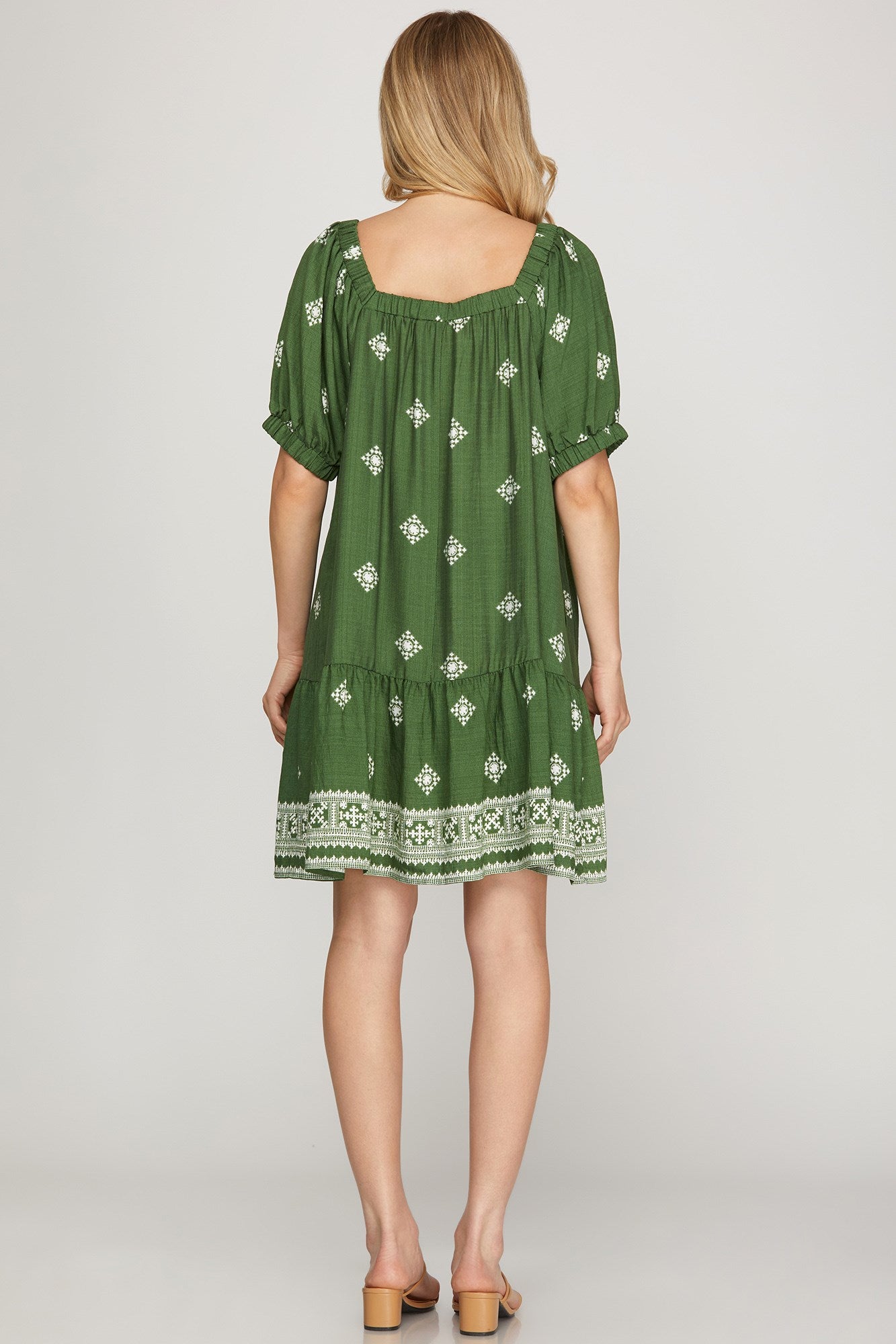 Square Neck Short Sleeve Border Print Dress