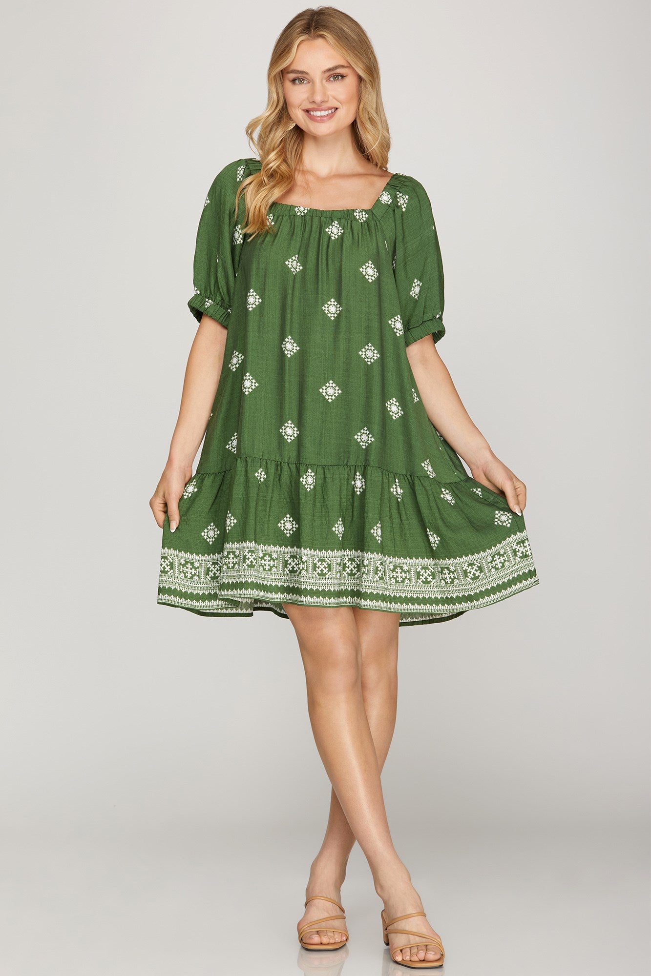 Square Neck Short Sleeve Border Print Dress