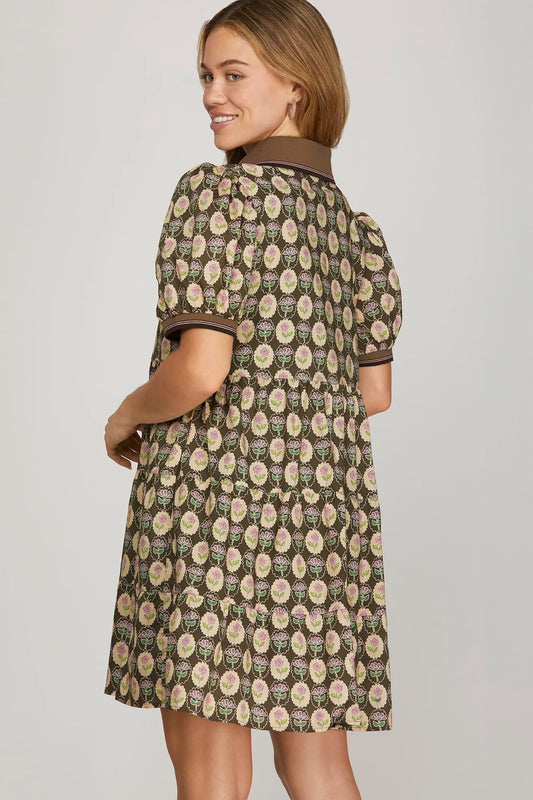 Floral Oval Pattern Dress w/Contrast Collar & Sleeve-Olive