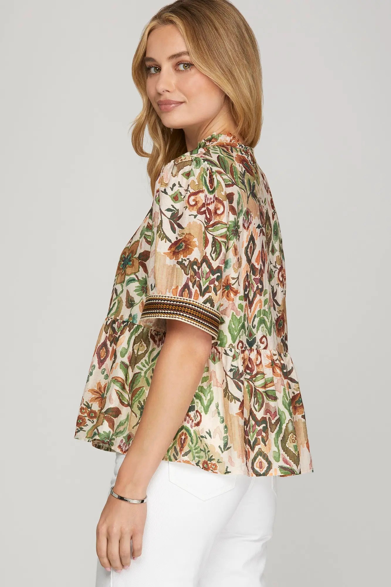 Floral Peplum Banded Sleeve Detail Top-Olive