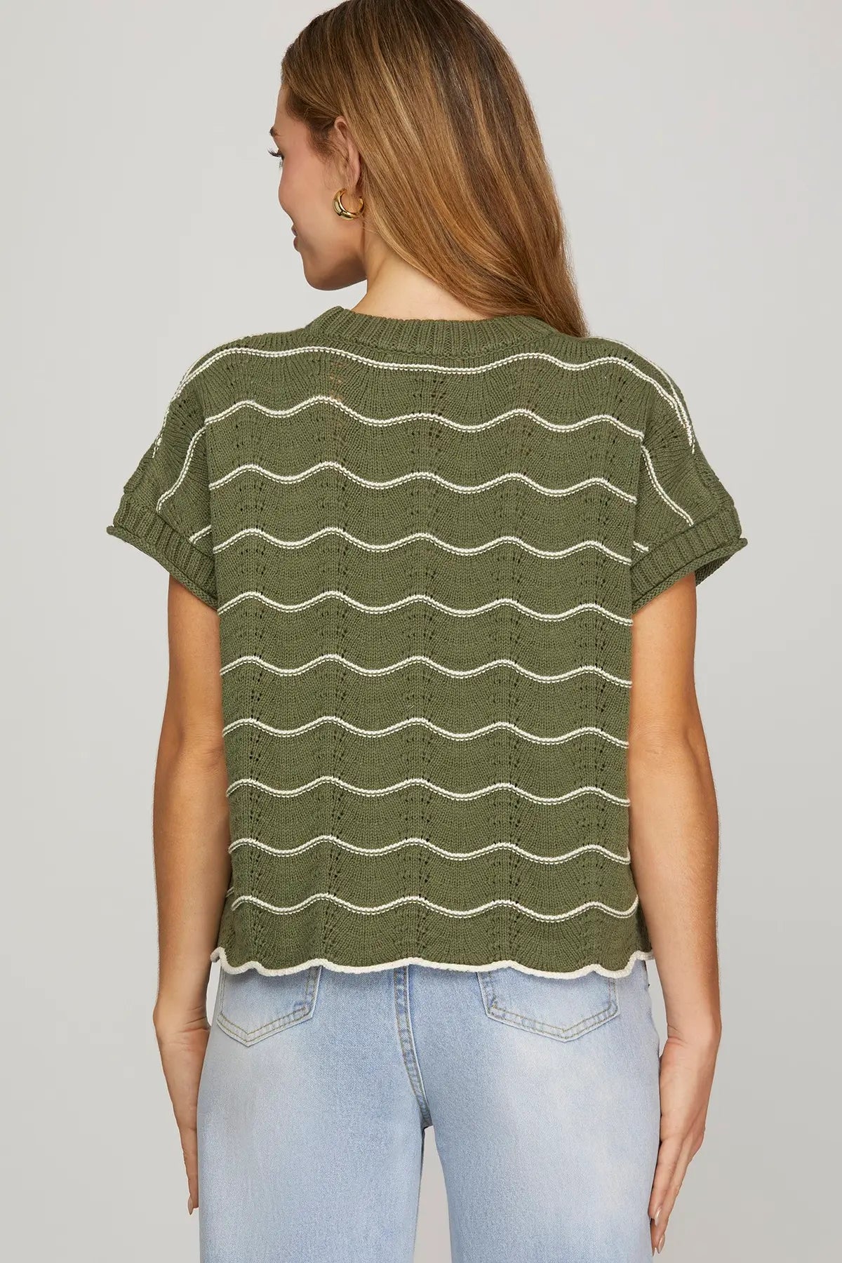 Scallop Striped Drop Short Sleeve Sweater