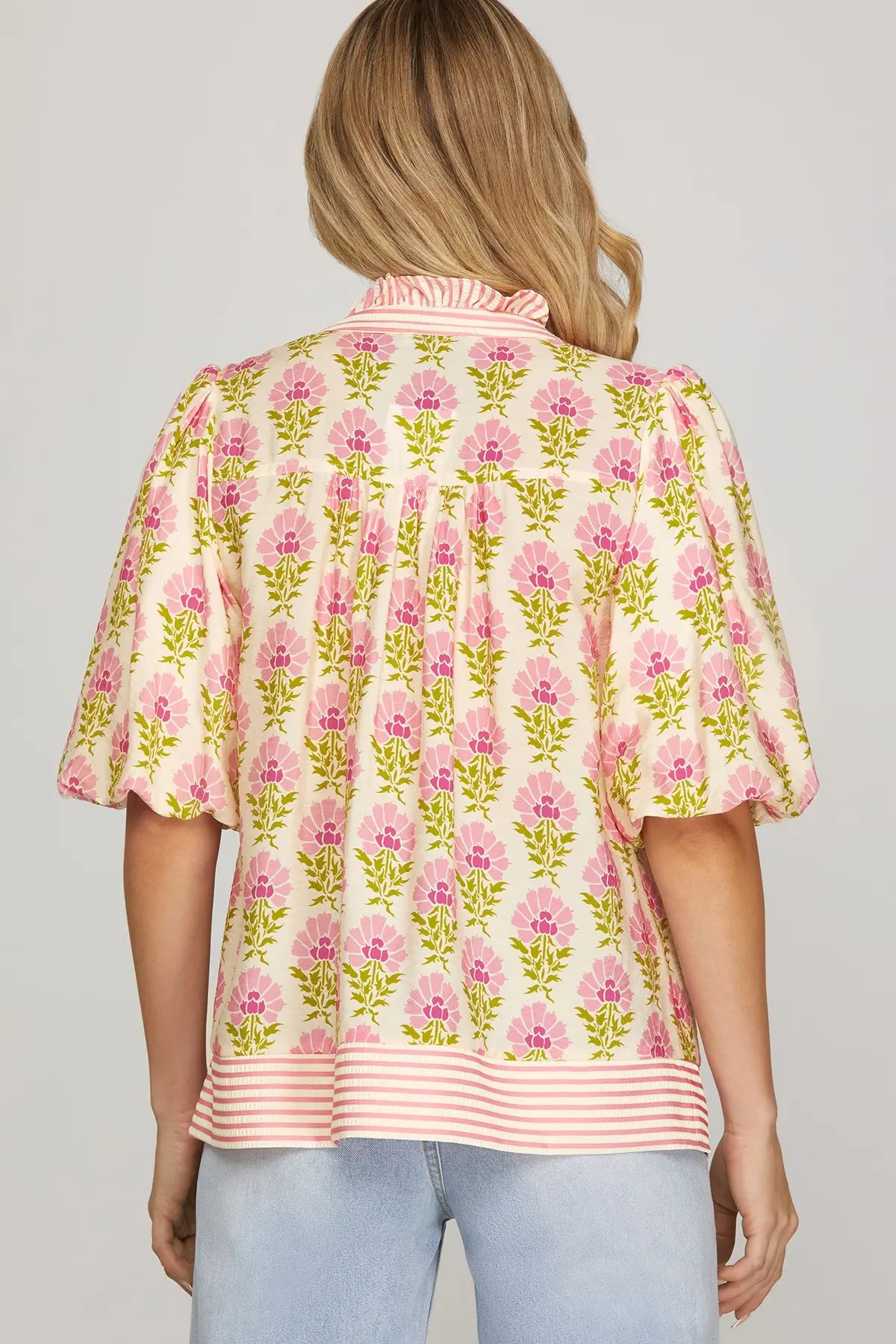 Floral & Stripe Button Up Bubble Sleeve Top-Pink
