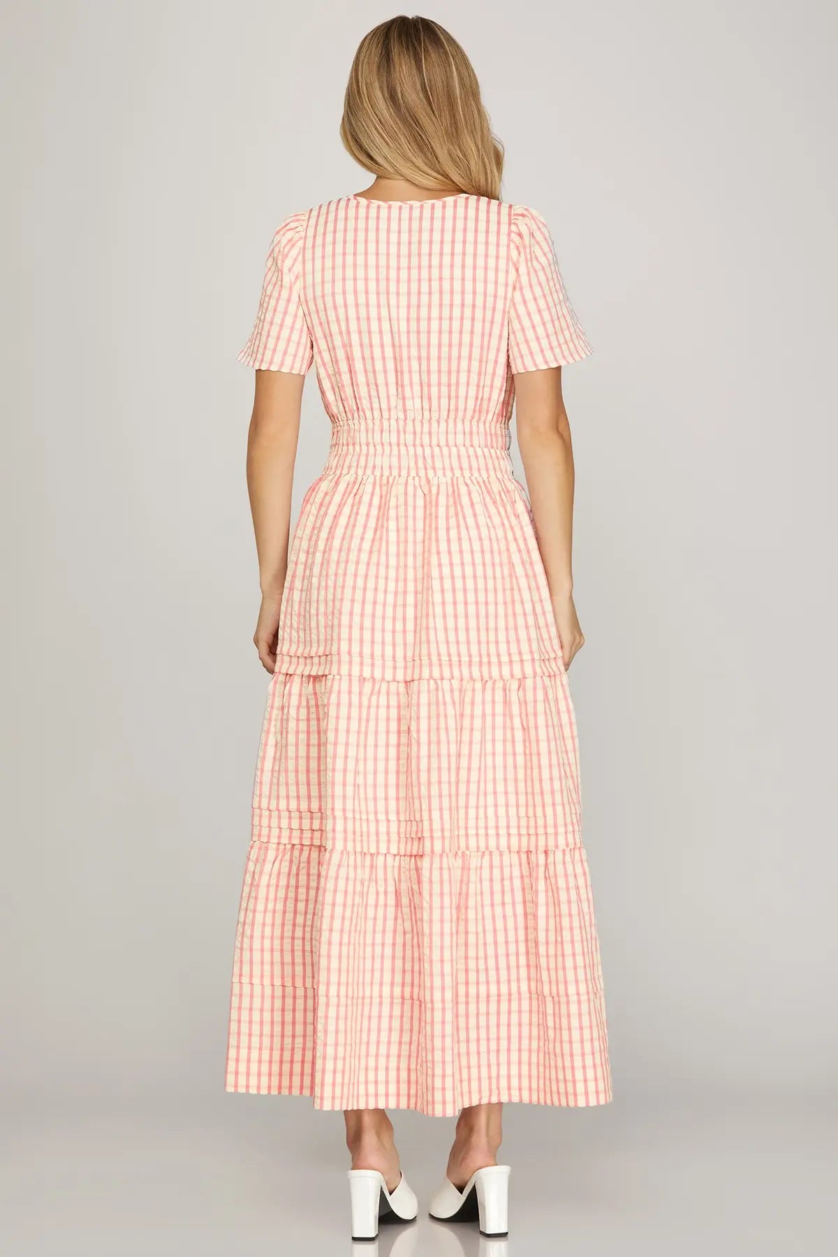 Plaid Pintuck Detail Short Sleeve Maxi Dress