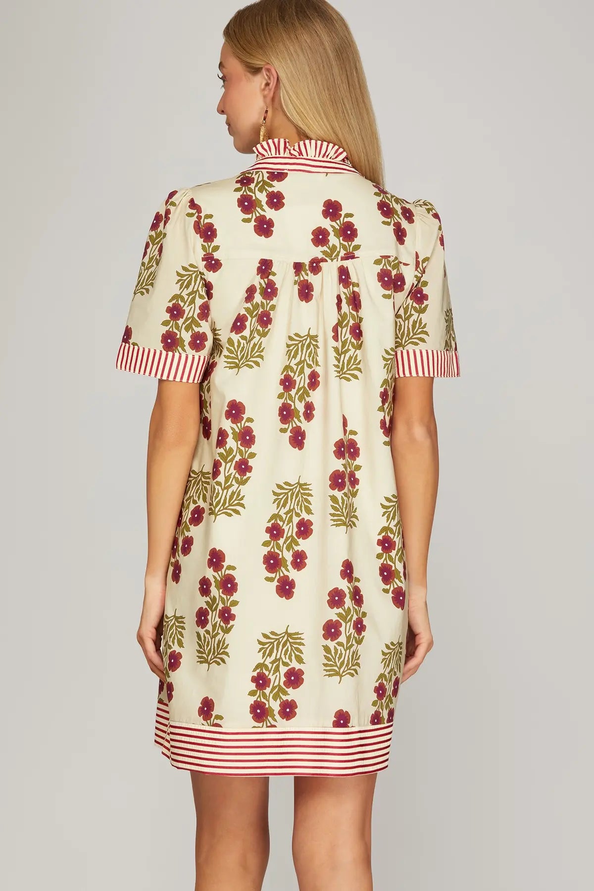 Floral & Stripe Trim Button Down Ruffle Neck Dress-Taupe