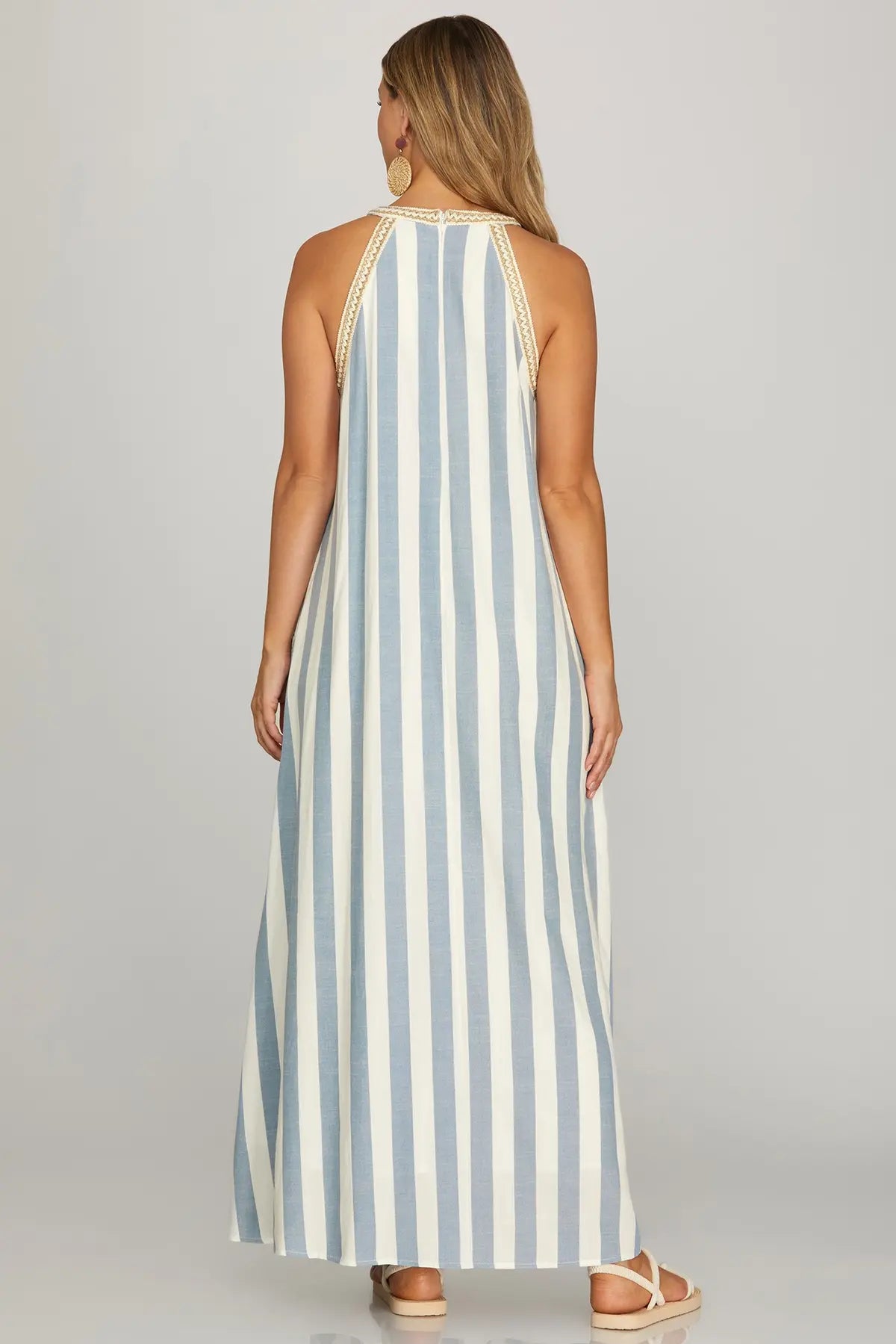 Striped Trimmed Halter Neck Maxi Dress-Navy