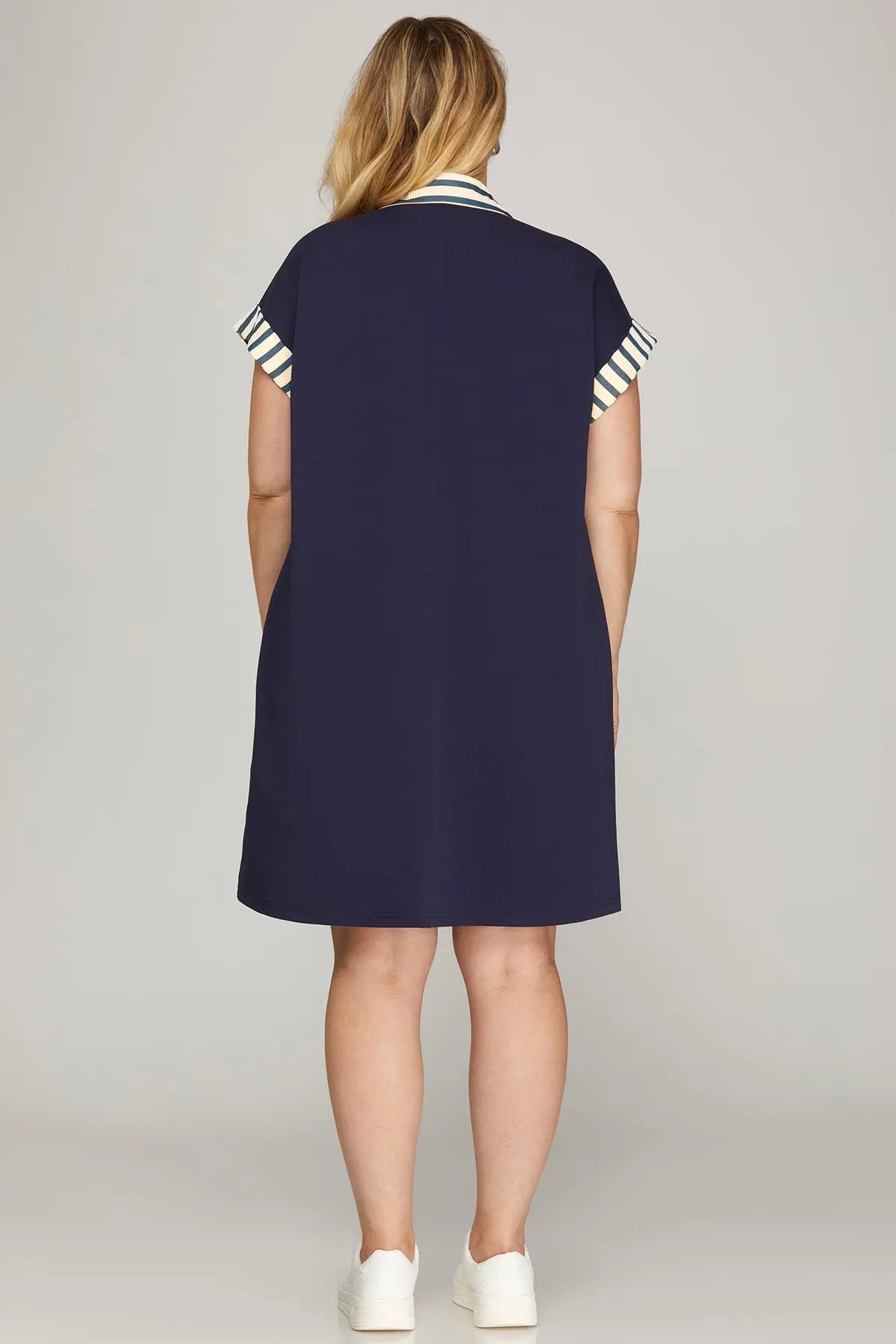 Solid Button Down Dress w/Stripe Trim