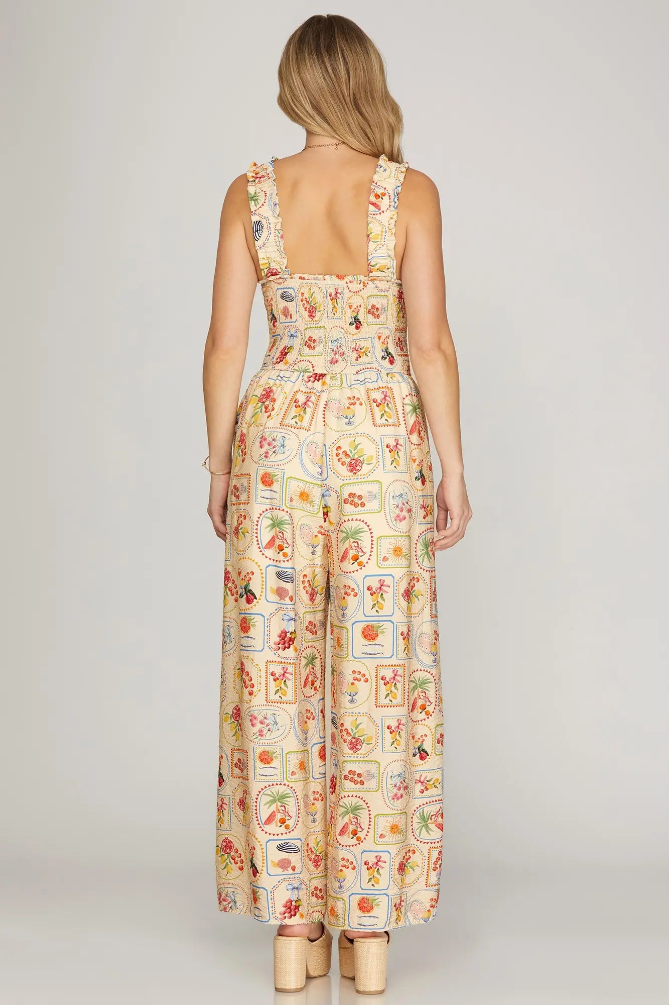 Stamp Print Smocked Top Jumpsuit-Cream