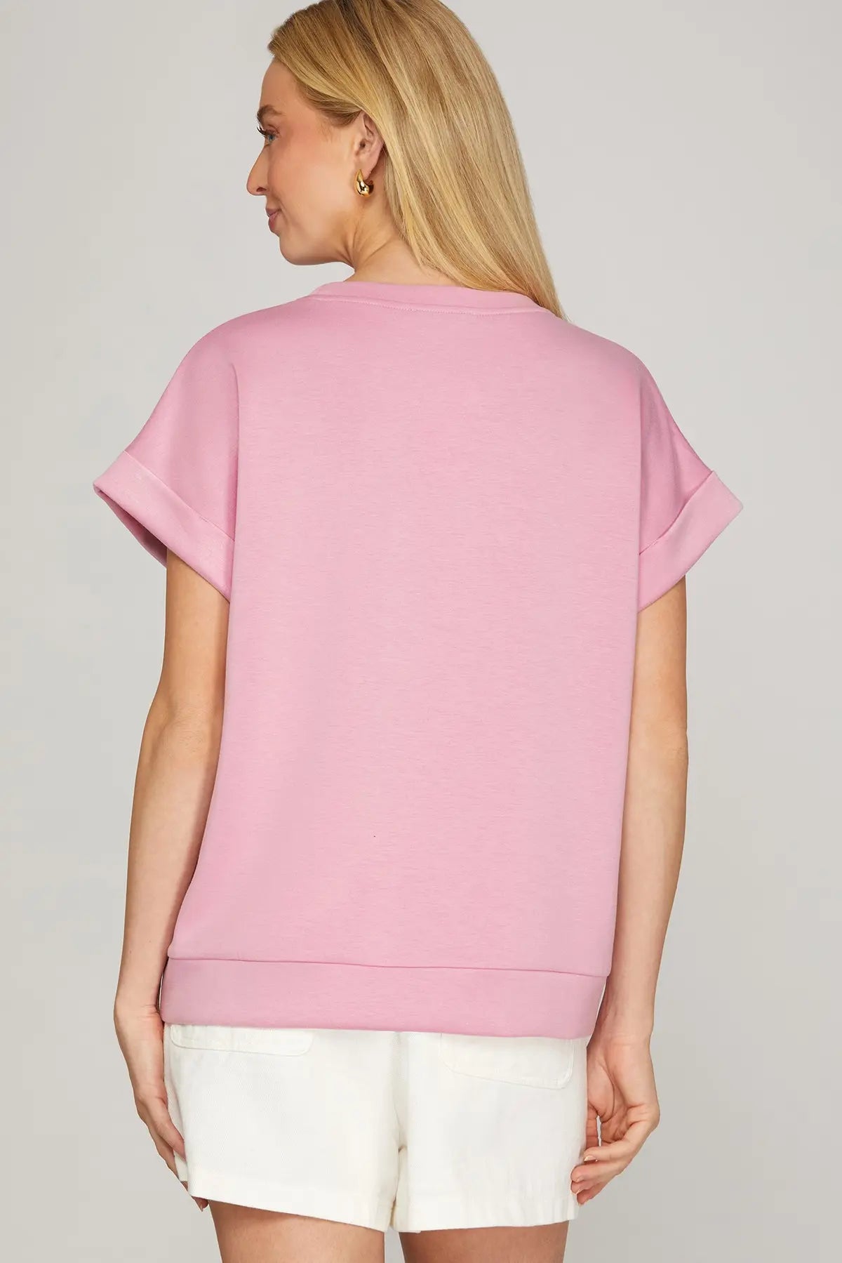 Solid Drop Shoulder Cuff Sleeve Top
