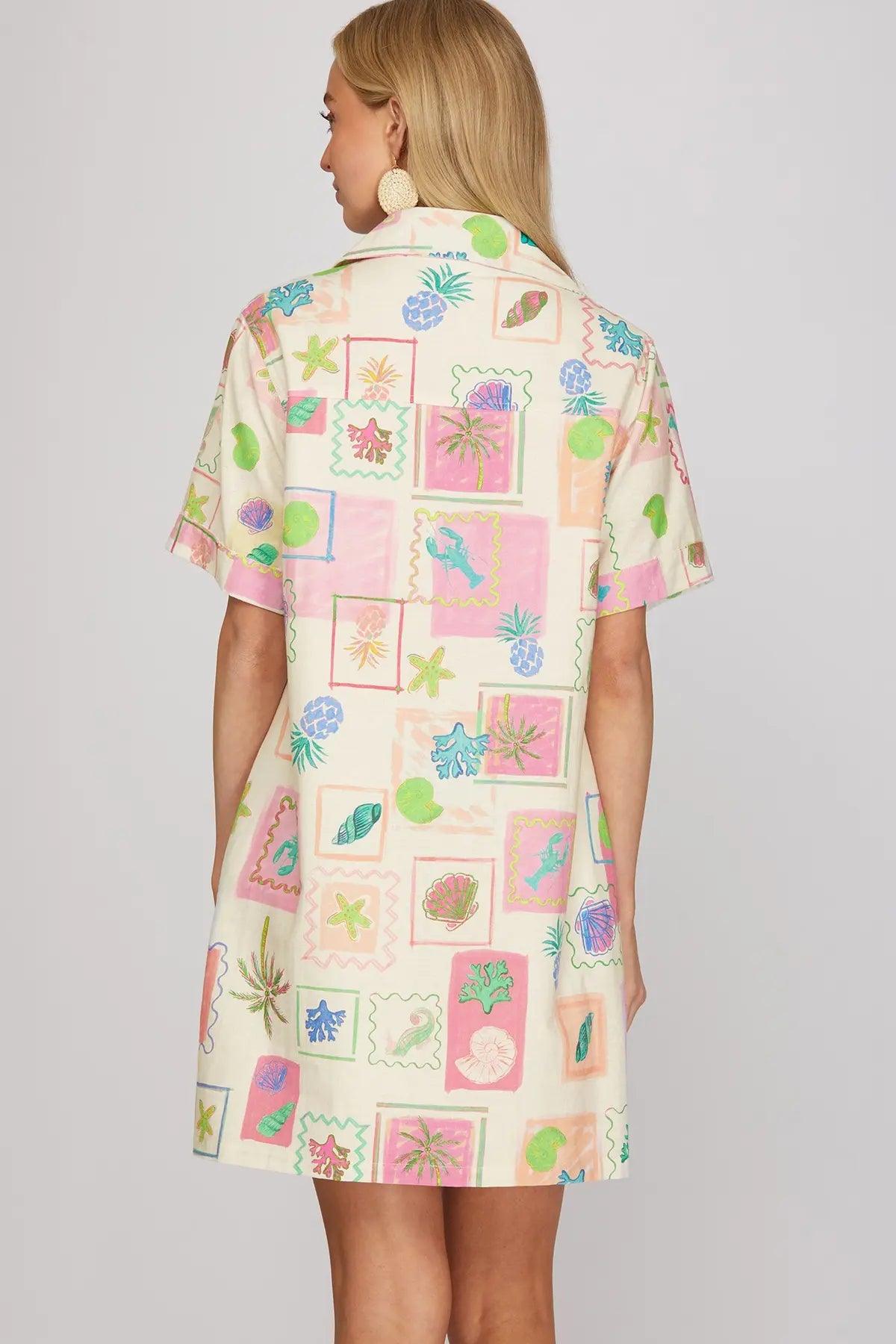 Coastal Square Stamp Print Button Collared Dress-Pink