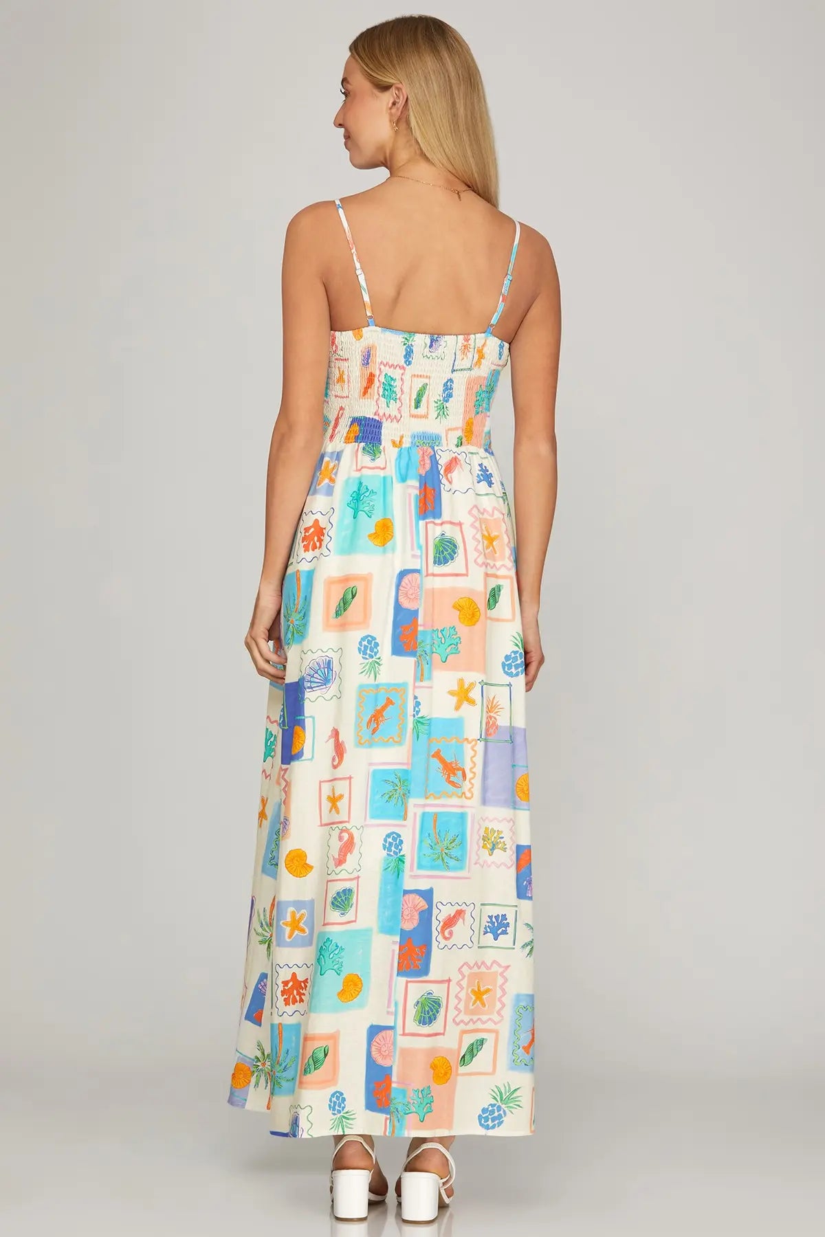 Coastal Square Stamp Print Cami Maxi Dress-Blue