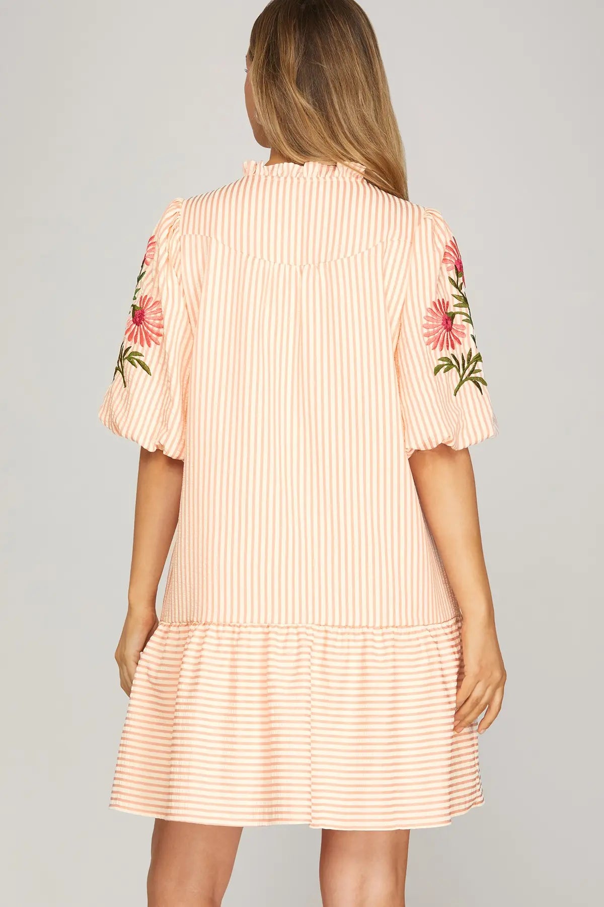 Striped Embroidered 1/2 Puff Sleeve Dress-Pink