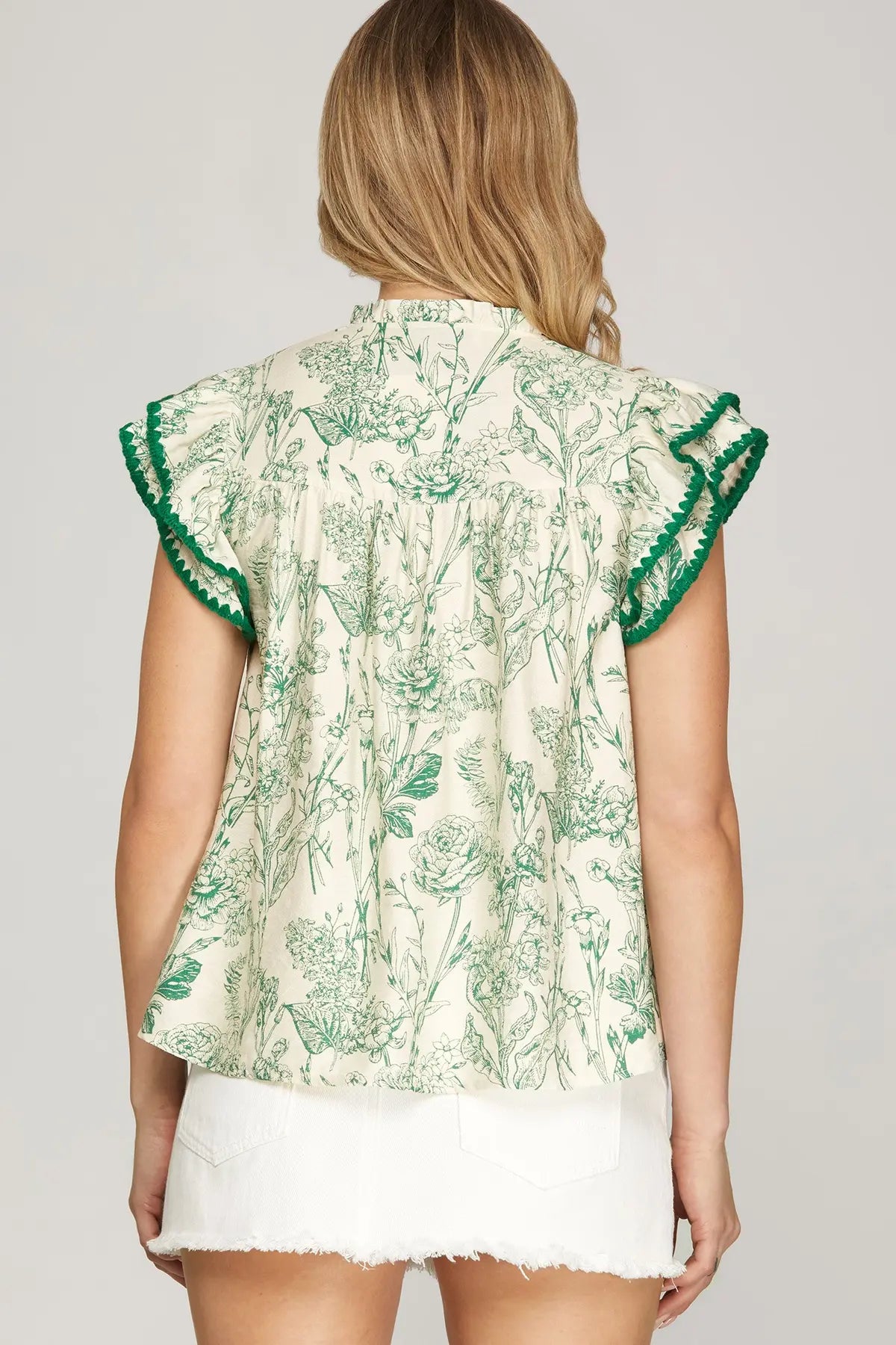 Toile Whip Stitch Detail Ruffle Sleeve Top