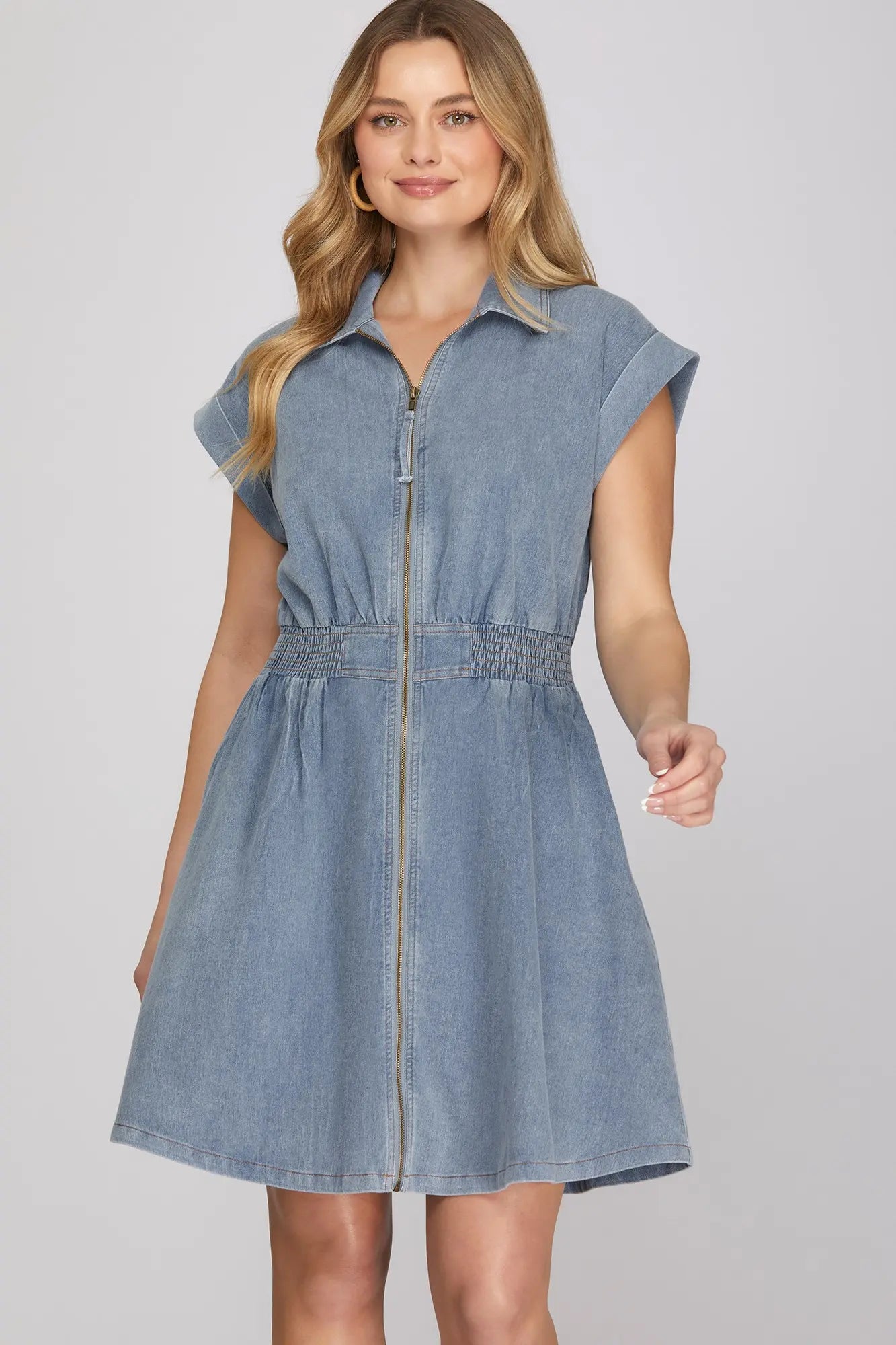 Collared Denim Smocked Waist Zip Up Dress-Light Blue