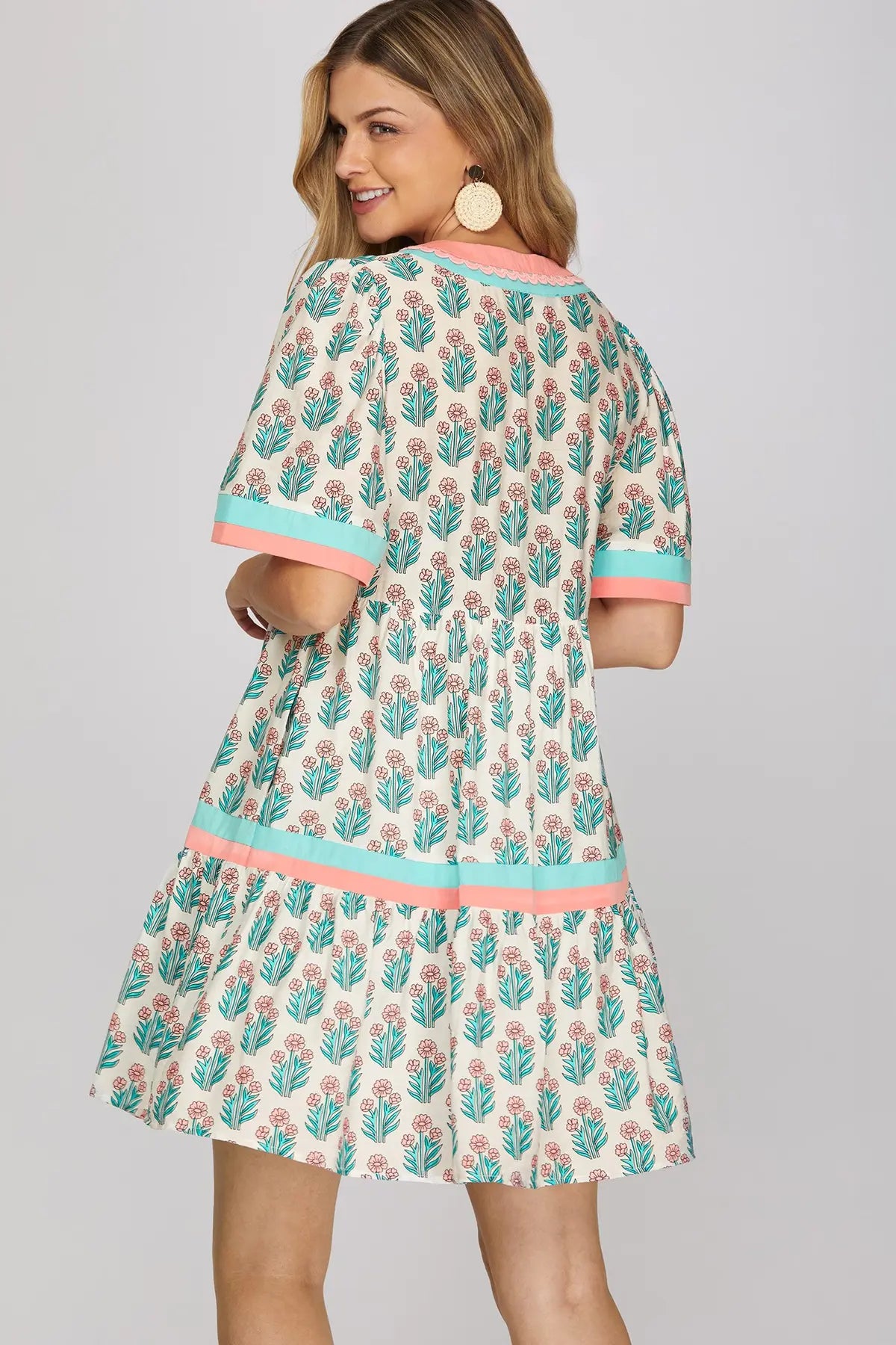 Floral Stamp Print Contrast Stripe Trim Dress-Aqua