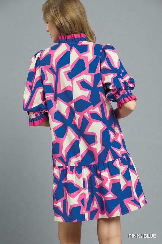 Bold Floral Ruffled V-Neck Puff Sleeve Dress