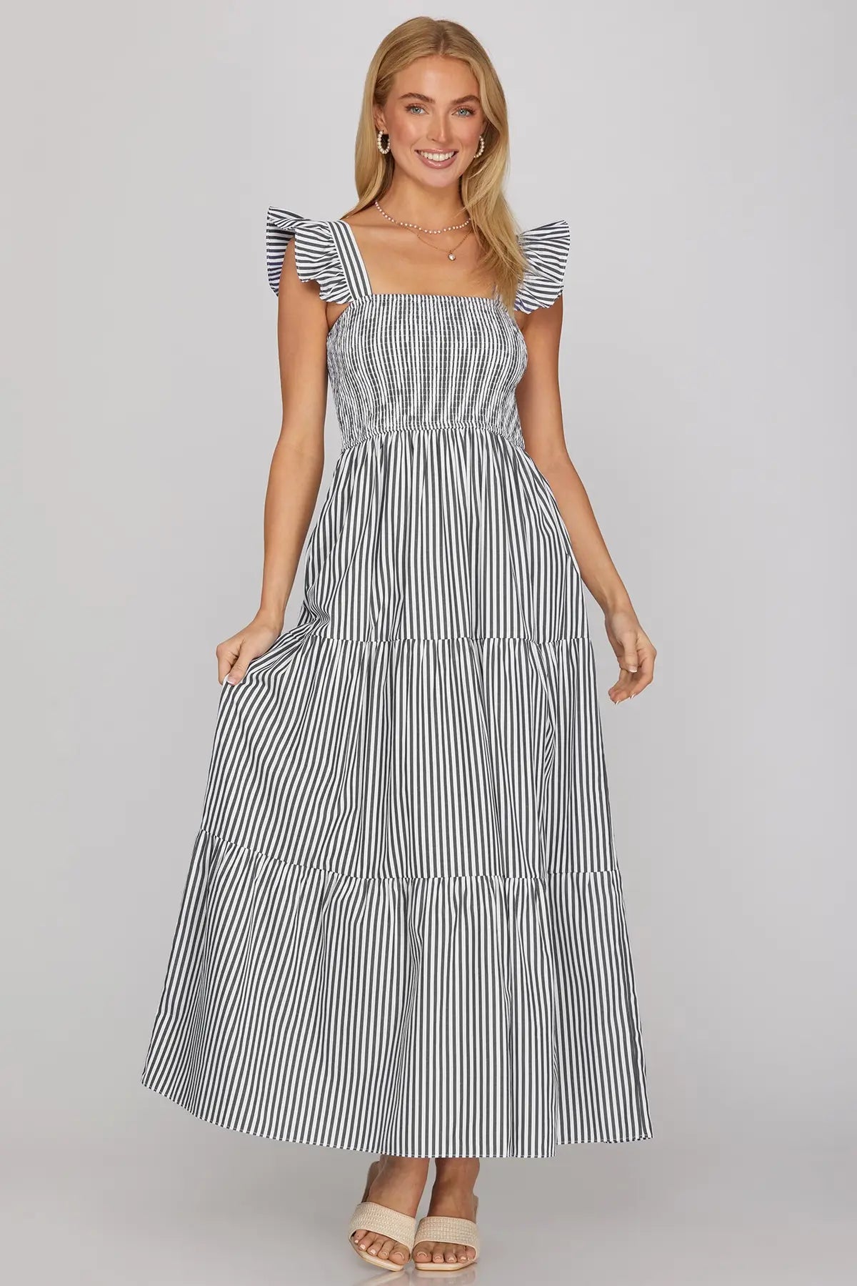 striped ruffle maxi dress Strap Smocked Tiered Dress-Navy – Riley Reigh / Mod Market Size:SIZE 3 washed feel Elasticated neckline Crochet Fringe Maxi Cover LUXURY SILK BASICS