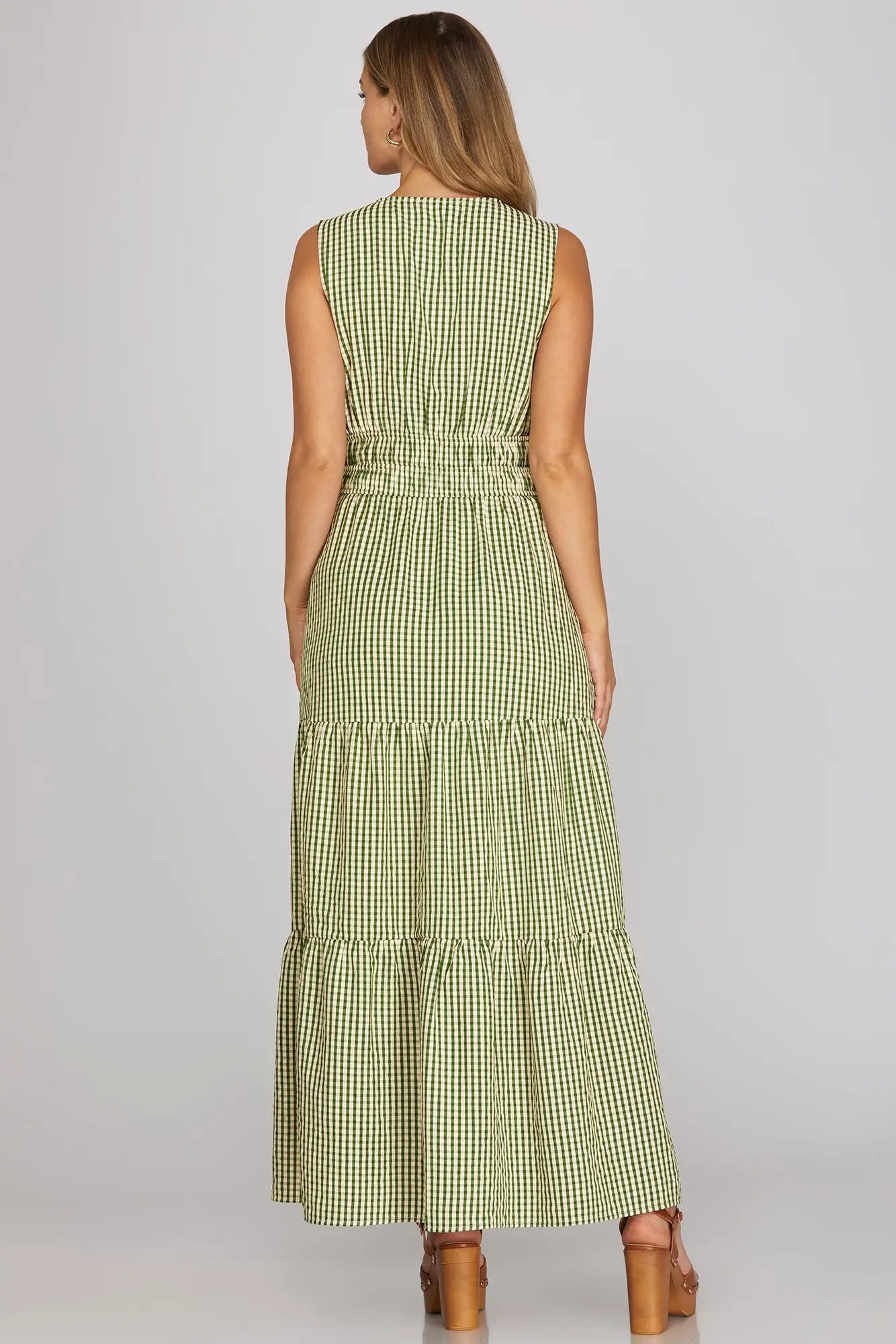 Sleeveless Gingham Gathered Waist Maxi Dress-Green